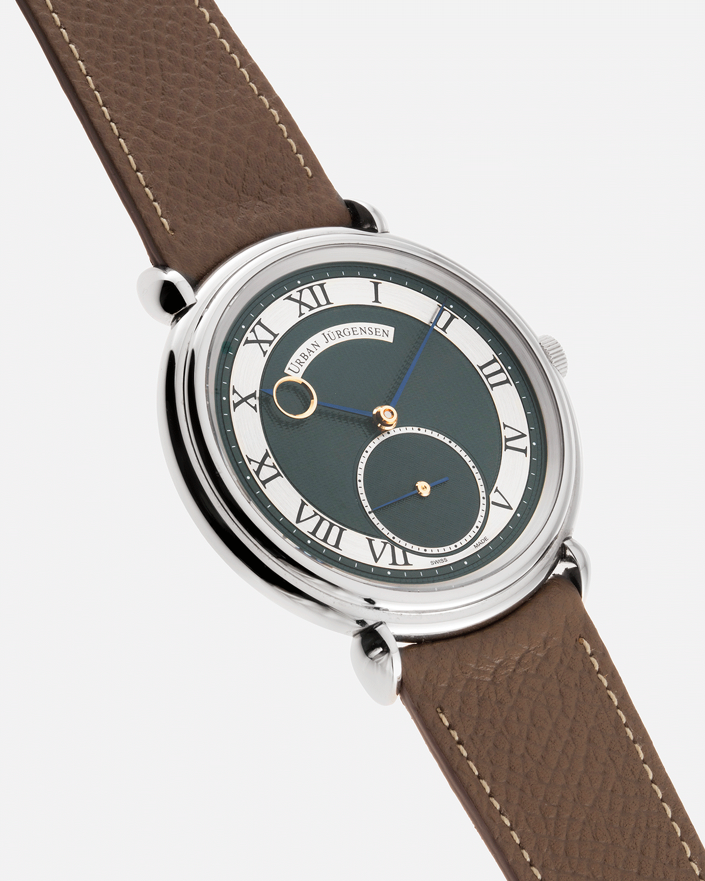 Brand: Urban Jurgensen Year: 2020 Model: Big 8 London Edition Material: Stainless Steel Movement: Frederic Piguet cal. 1160 Case Diameter: 40mm Strap: Nostime Taupe Grained Calf and Grey Suede Strap by A Collected Man and Stainless Steel Urban Jurgensen Tang Buckle