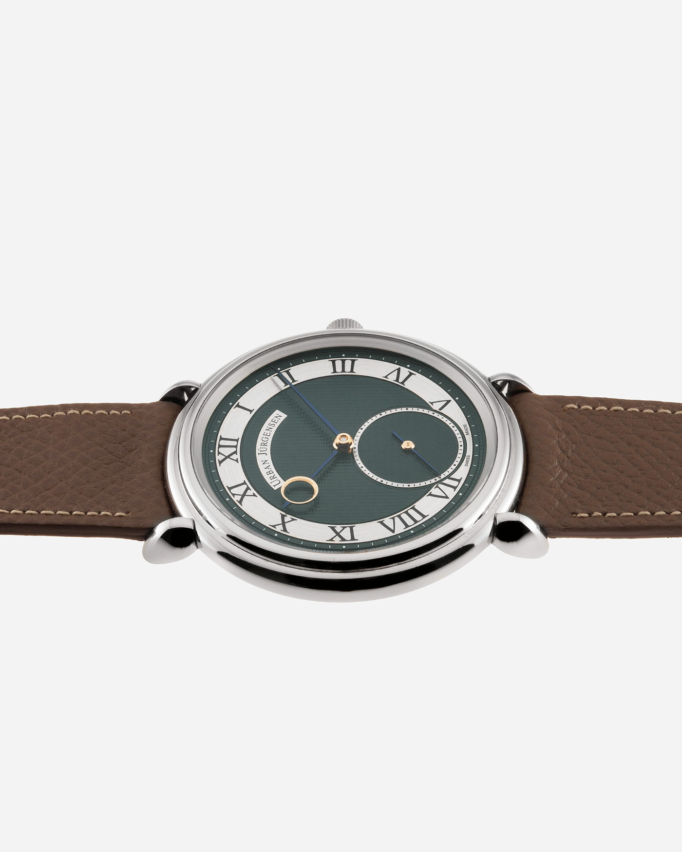 Brand: Urban Jurgensen Year: 2020 Model: Big 8 London Edition Material: Stainless Steel Movement: Frederic Piguet cal. 1160 Case Diameter: 40mm Strap: Nostime Taupe Grained Calf and Grey Suede Strap by A Collected Man and Stainless Steel Urban Jurgensen Tang Buckle