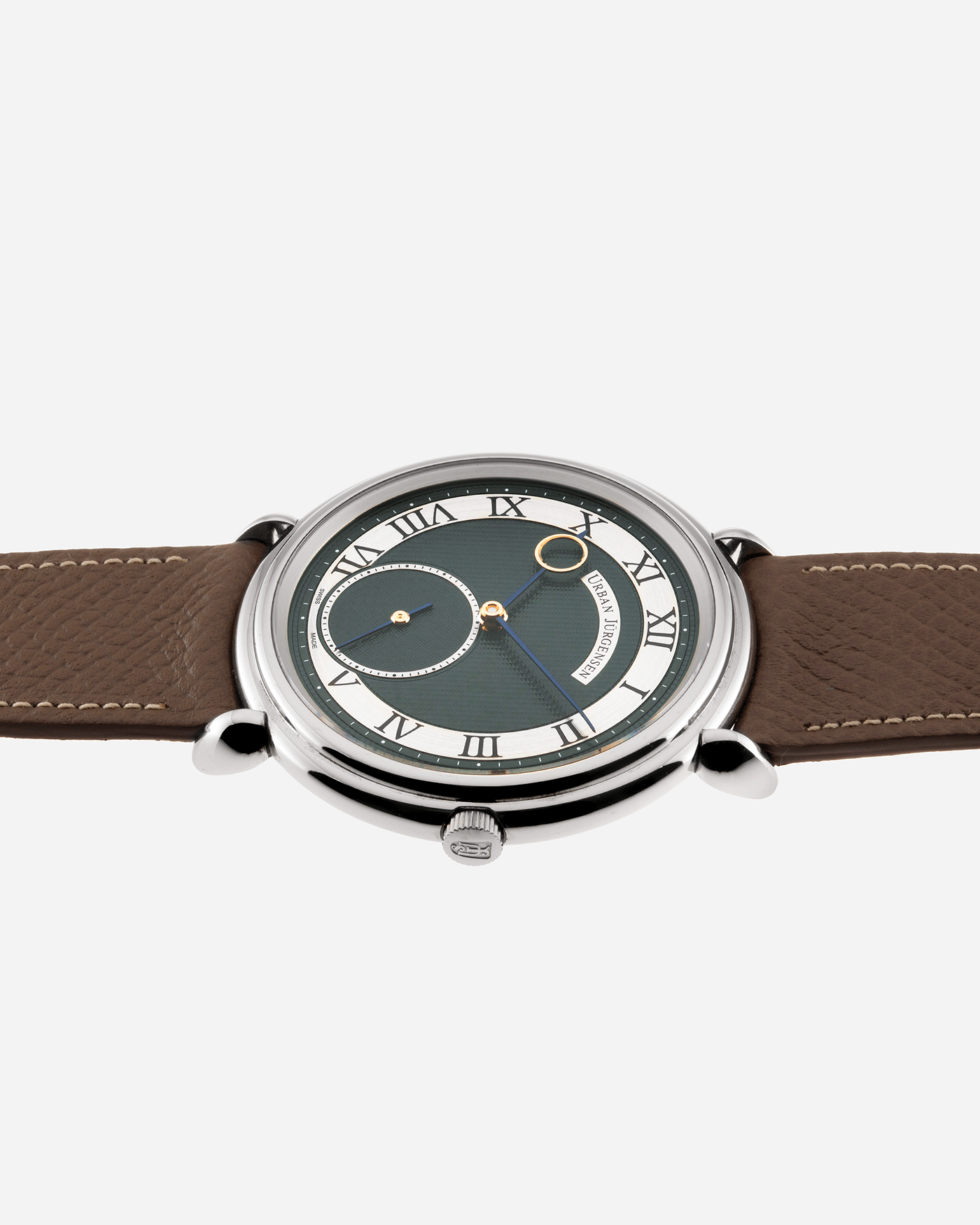 Brand: Urban Jurgensen Year: 2020 Model: Big 8 London Edition Material: Stainless Steel Movement: Frederic Piguet cal. 1160 Case Diameter: 40mm Strap: Nostime Taupe Grained Calf and Grey Suede Strap by A Collected Man and Stainless Steel Urban Jurgensen Tang Buckle