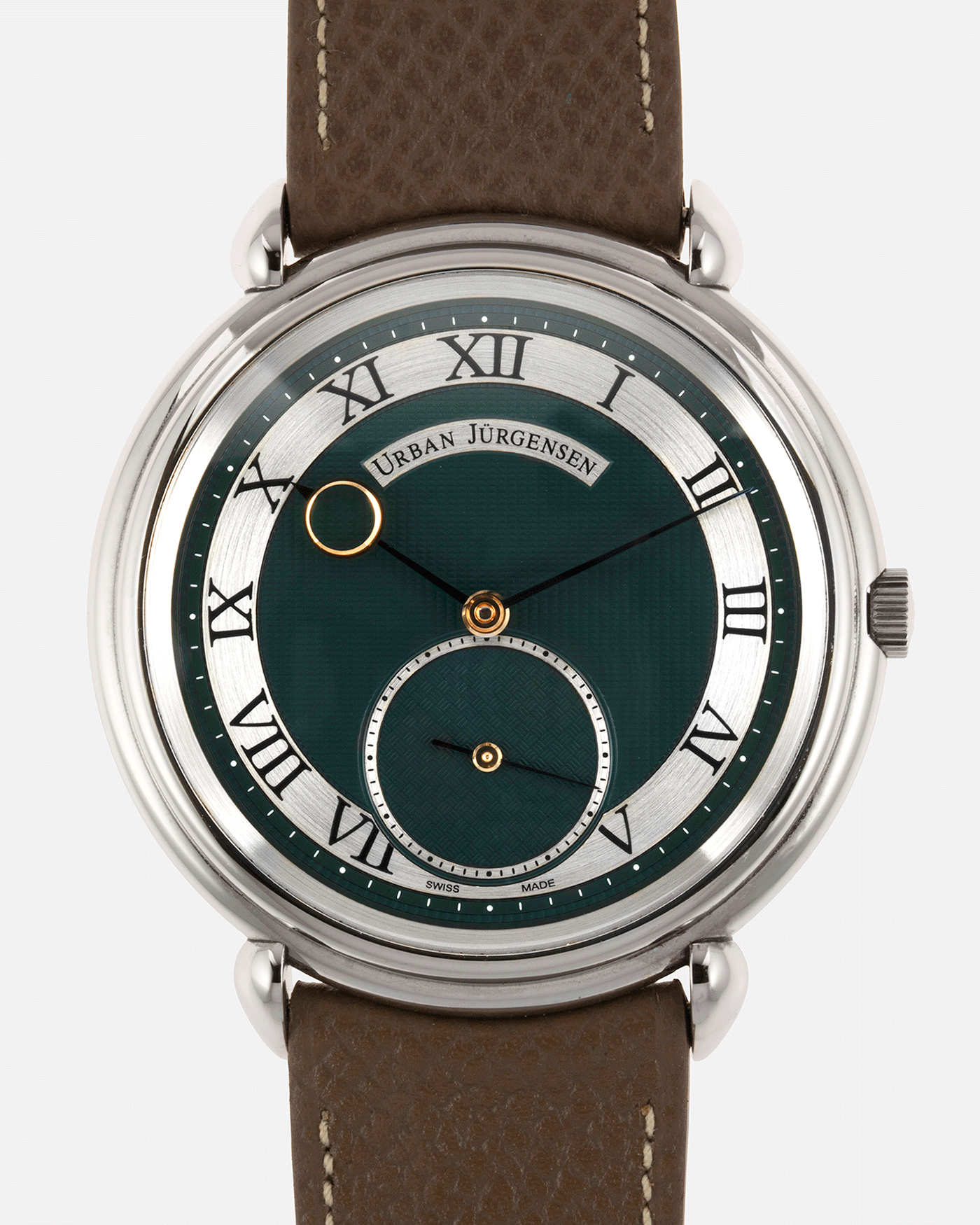 Brand: Urban Jurgensen Year: 2020 Model: Big 8 London Edition Material: Stainless Steel Movement: Frederic Piguet cal. 1160 Case Diameter: 40mm Strap: Nostime Taupe Grained Calf and Grey Suede Strap by A Collected Man and Stainless Steel Urban Jurgensen Tang Buckle