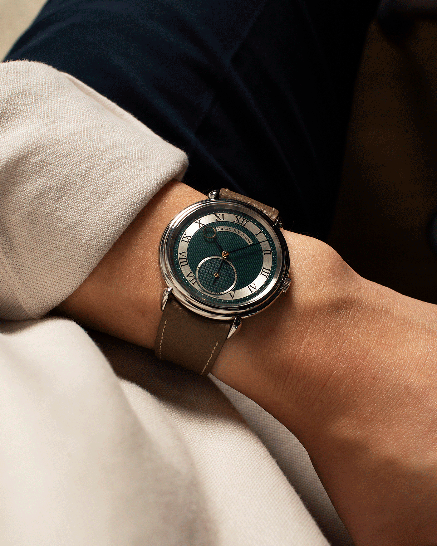 Brand: Urban Jurgensen Year: 2020 Model: Big 8 London Edition Material: Stainless Steel Movement: Frederic Piguet cal. 1160 Case Diameter: 40mm Strap: Nostime Taupe Grained Calf and Grey Suede Strap by A Collected Man and Stainless Steel Urban Jurgensen Tang Buckle