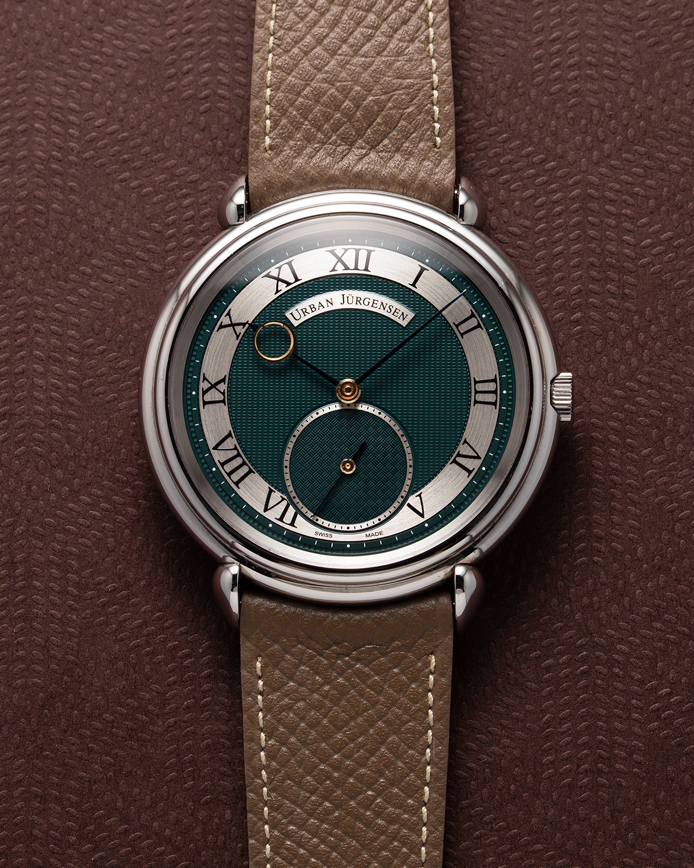 Brand: Urban Jurgensen Year: 2020 Model: Big 8 London Edition Material: Stainless Steel Movement: Frederic Piguet cal. 1160 Case Diameter: 40mm Strap: Nostime Taupe Grained Calf and Grey Suede Strap by A Collected Man and Stainless Steel Urban Jurgensen Tang Buckle