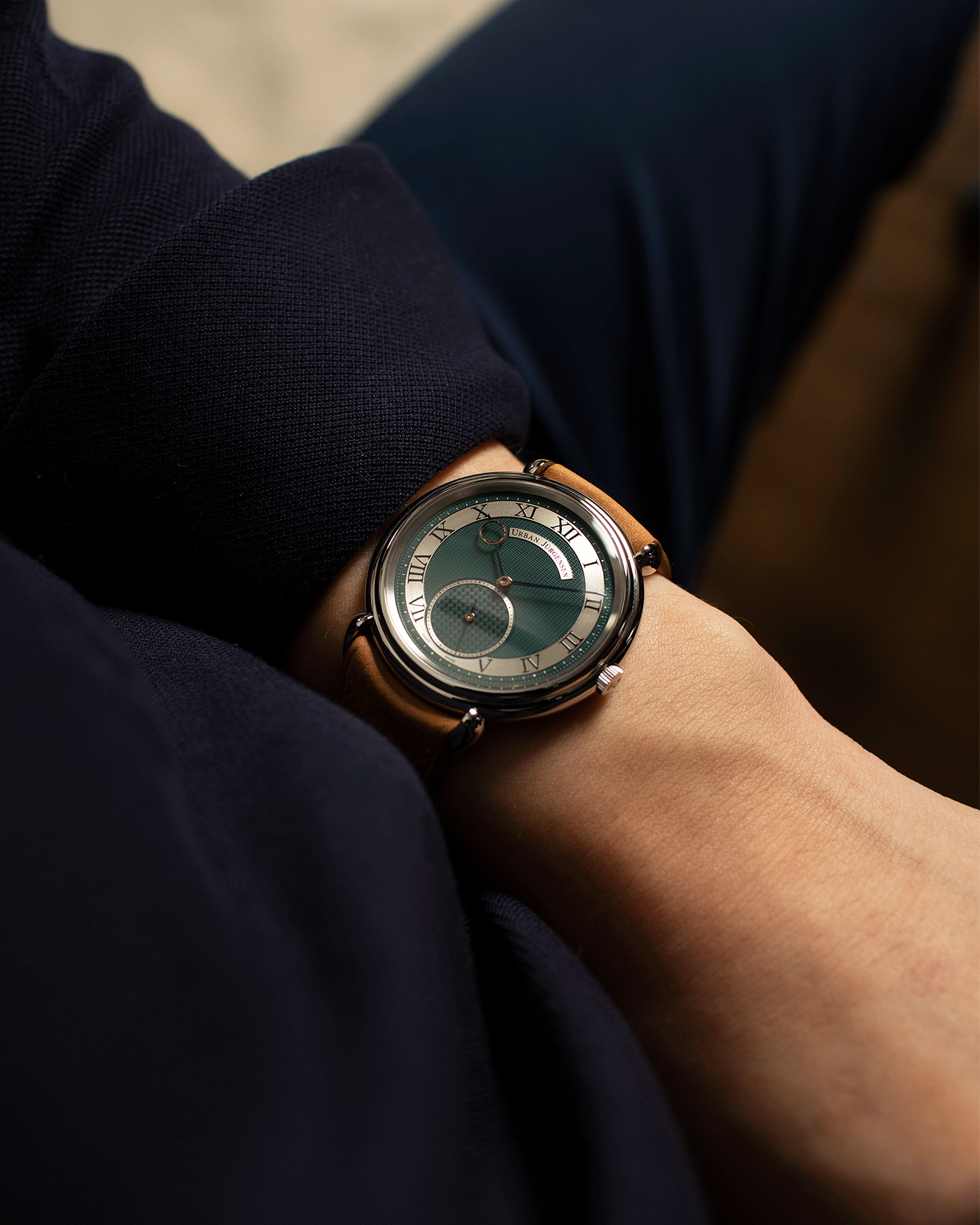 Brand: Urban Jurgensen Year: 2020 Model: Big 8 London Edition Material: Stainless Steel Movement: Frederic Piguet cal. 1160 Case Diameter: 40mm Strap: Chestnut Brown Suede Strap by A Collected Man and Stainless Steel Urban Jurgensen Tang Buckle