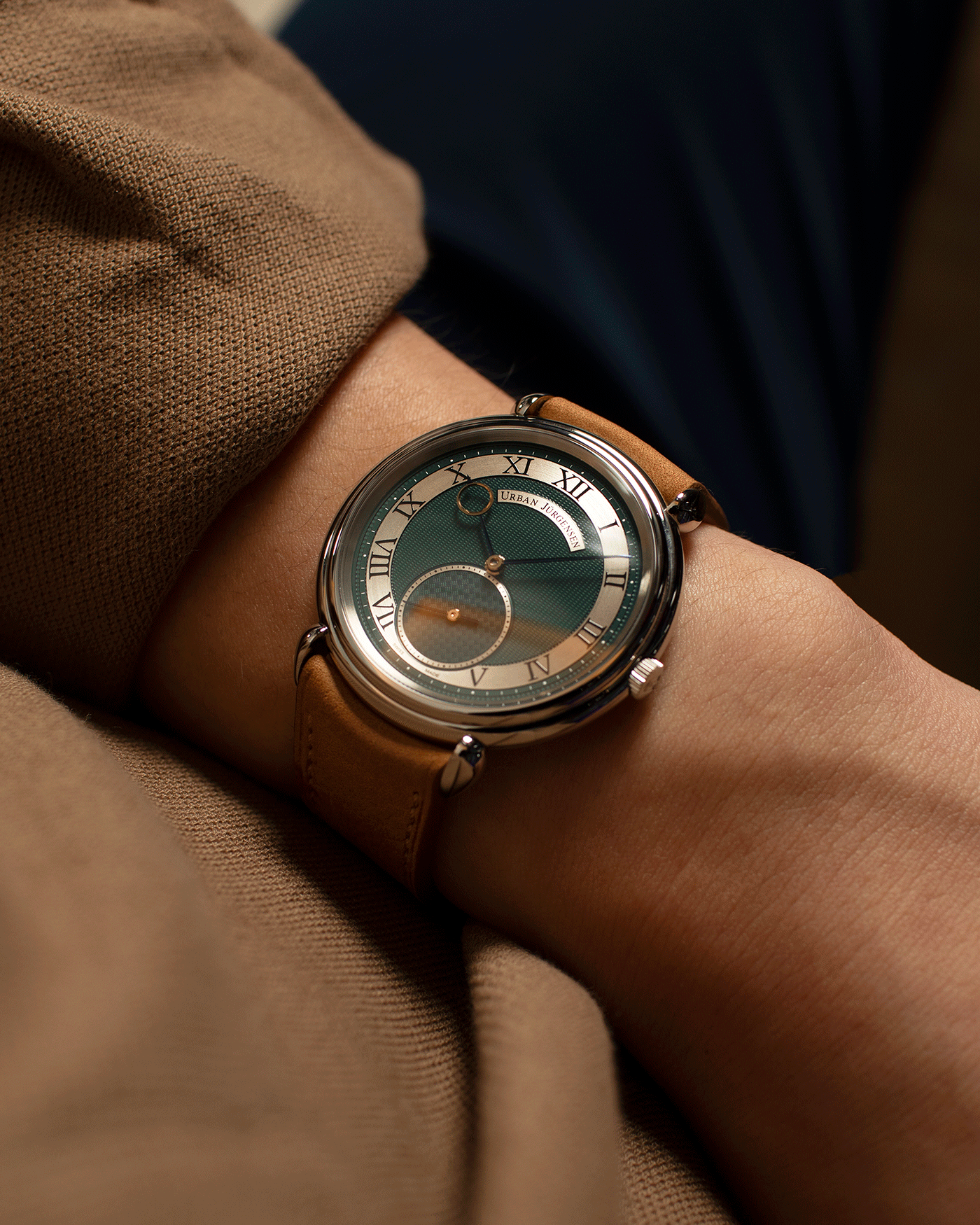 Brand: Urban Jurgensen Year: 2020 Model: Big 8 London Edition Material: Stainless Steel Movement: Frederic Piguet cal. 1160 Case Diameter: 40mm Strap: Chestnut Brown Suede Strap by A Collected Man and Stainless Steel Urban Jurgensen Tang Buckle