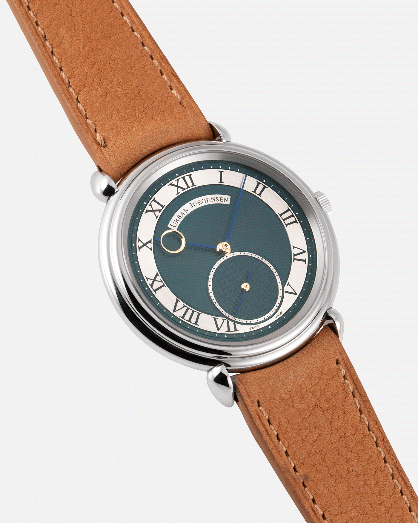 Brand: Urban Jurgensen Year: 2020 Model: Big 8 London Edition Material: Stainless Steel Movement: Frederic Piguet cal. 1160 Case Diameter: 40mm Strap: Chestnut Brown Suede Strap by A Collected Man and Stainless Steel Urban Jurgensen Tang Buckle