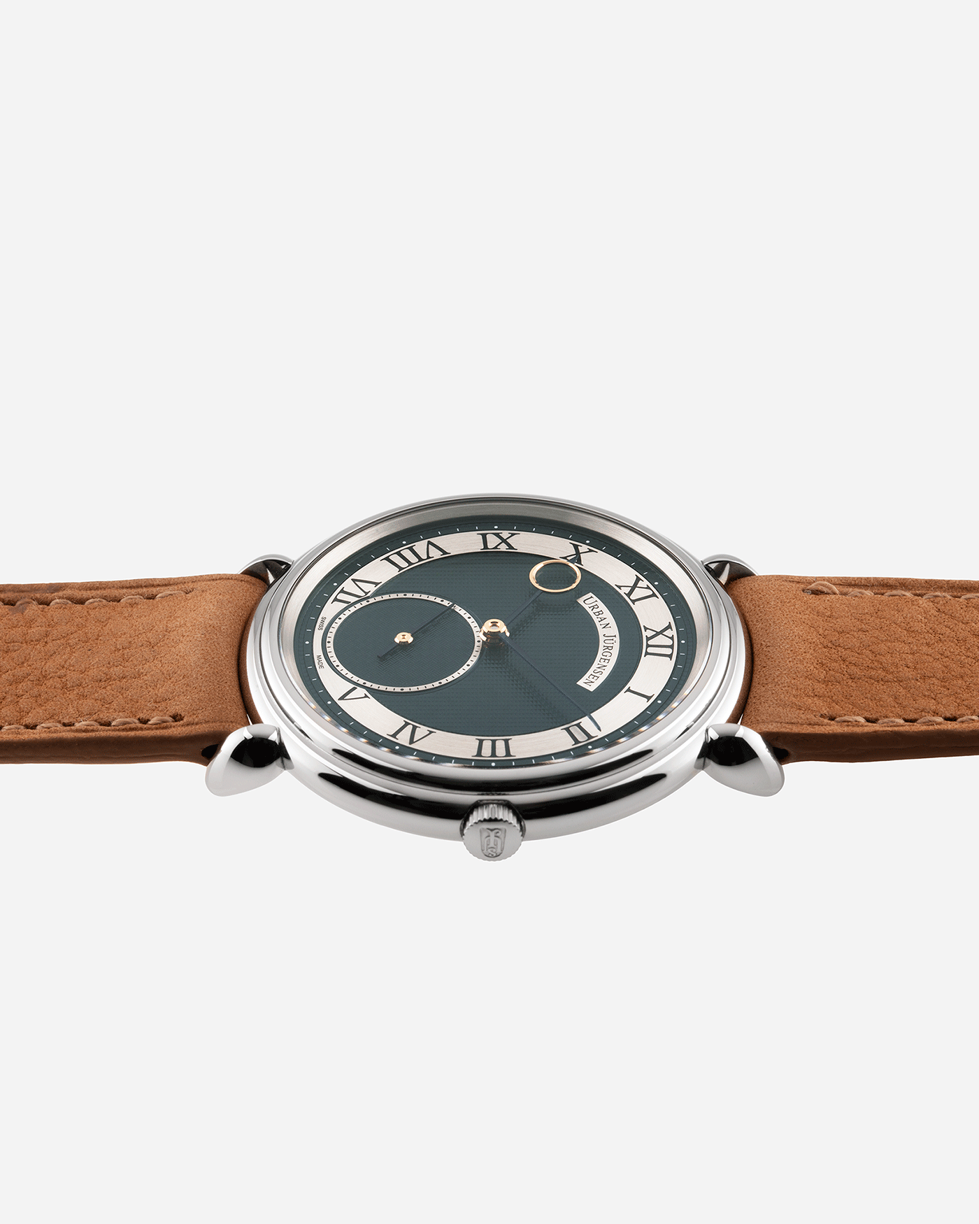 Brand: Urban Jurgensen Year: 2020 Model: Big 8 London Edition Material: Stainless Steel Movement: Frederic Piguet cal. 1160 Case Diameter: 40mm Strap: Chestnut Brown Suede Strap by A Collected Man and Stainless Steel Urban Jurgensen Tang Buckle