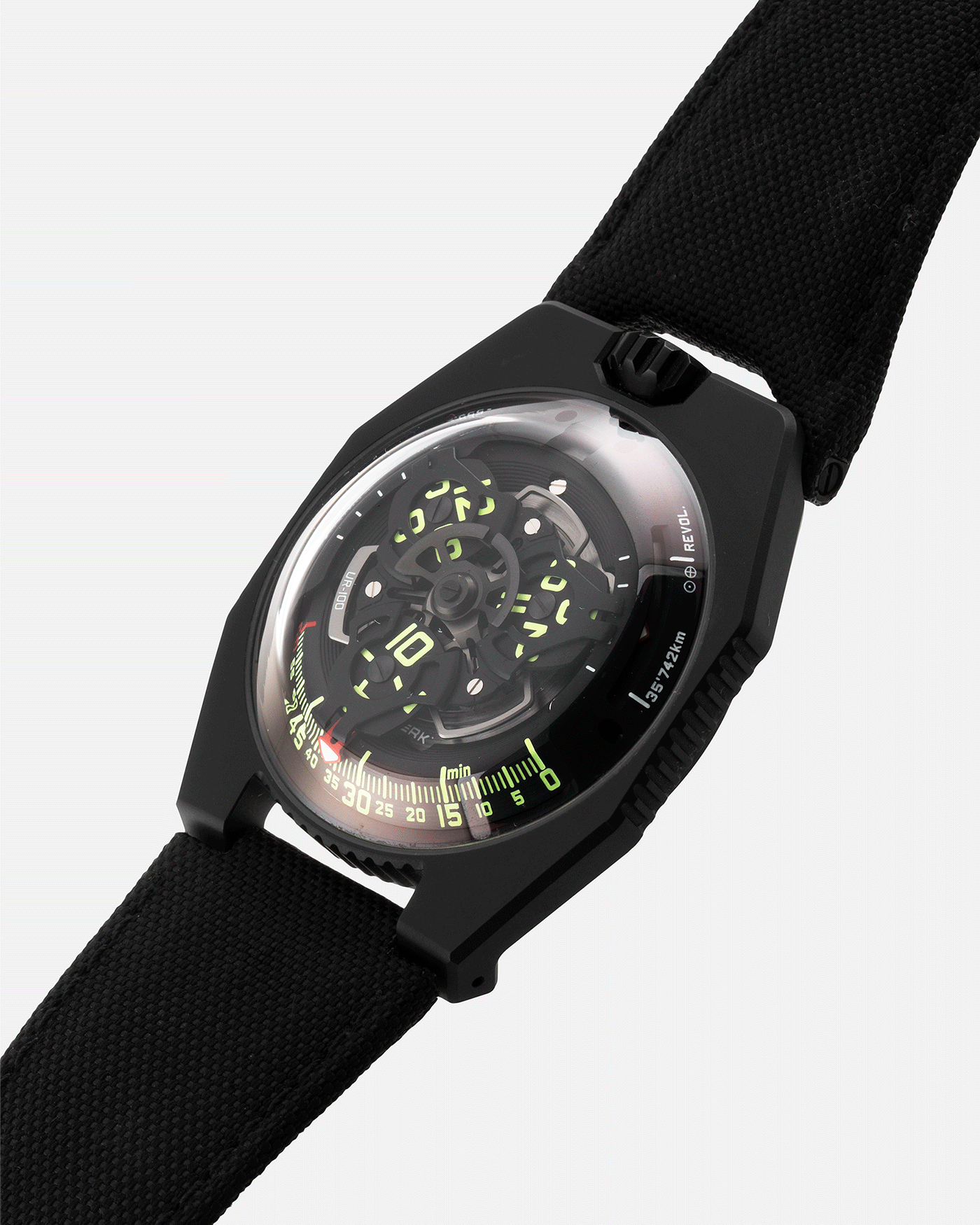 Brand: Urwerk Year: 2019 Model: UR100 Spacetime Material: Steel and Titanium, PVD Coated Movement: Urwerk Cal. 12.01 Case Diameter: 41mm Bracelet/Strap: Urwerk Black Textile Strap