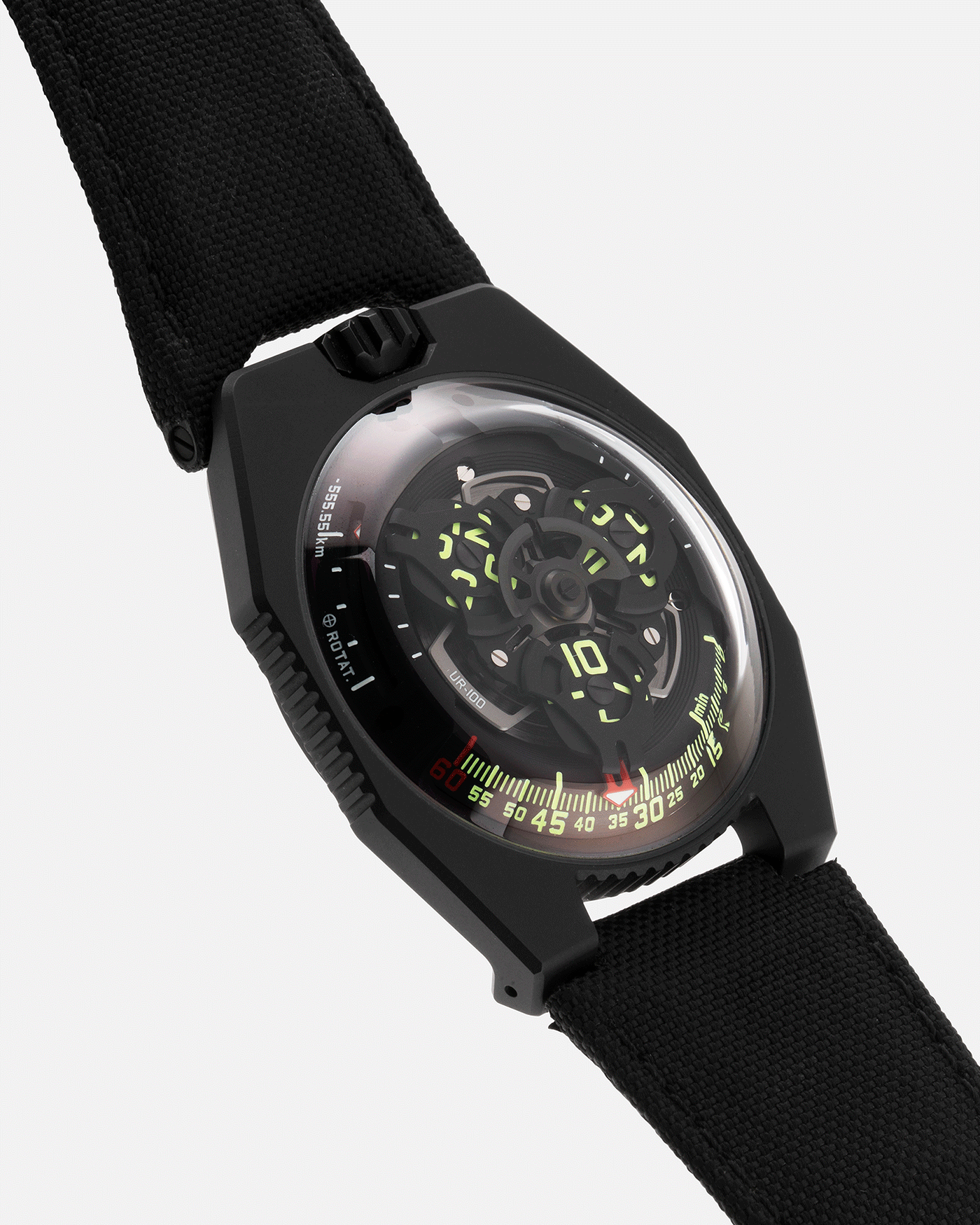 Brand: Urwerk Year: 2019 Model: UR100 Spacetime Material: Steel and Titanium, PVD Coated Movement: Urwerk Cal. 12.01 Case Diameter: 41mm Bracelet/Strap: Urwerk Black Textile Strap