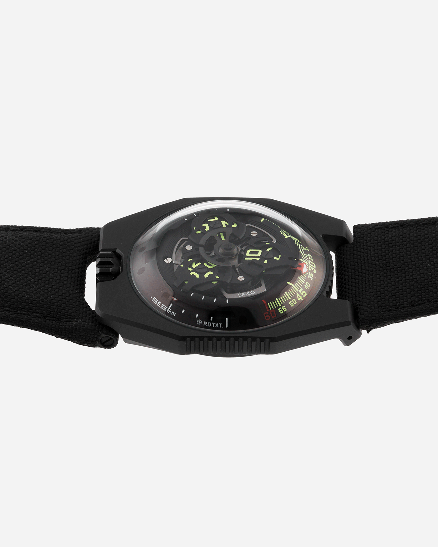 Brand: Urwerk Year: 2019 Model: UR100 Spacetime Material: Steel and Titanium, PVD Coated Movement: Urwerk Cal. 12.01 Case Diameter: 41mm Bracelet/Strap: Urwerk Black Textile Strap