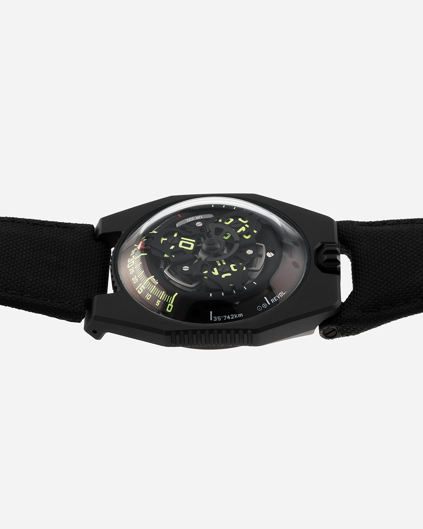 Brand: Urwerk Year: 2019 Model: UR100 Spacetime Material: Steel and Titanium, PVD Coated Movement: Urwerk Cal. 12.01 Case Diameter: 41mm Bracelet/Strap: Urwerk Black Textile Strap