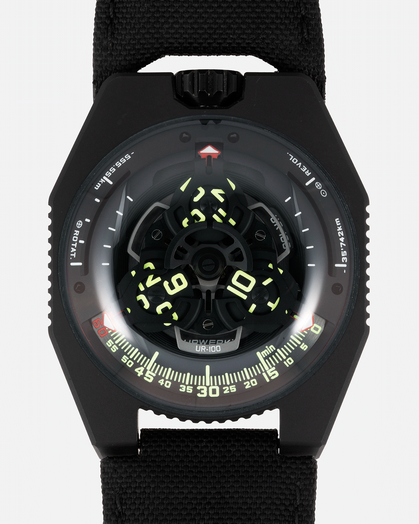 Brand: Urwerk Year: 2019 Model: UR100 Spacetime Material: Steel and Titanium, PVD Coated Movement: Urwerk Cal. 12.01 Case Diameter: 41mm Bracelet/Strap: Urwerk Black Textile Strap