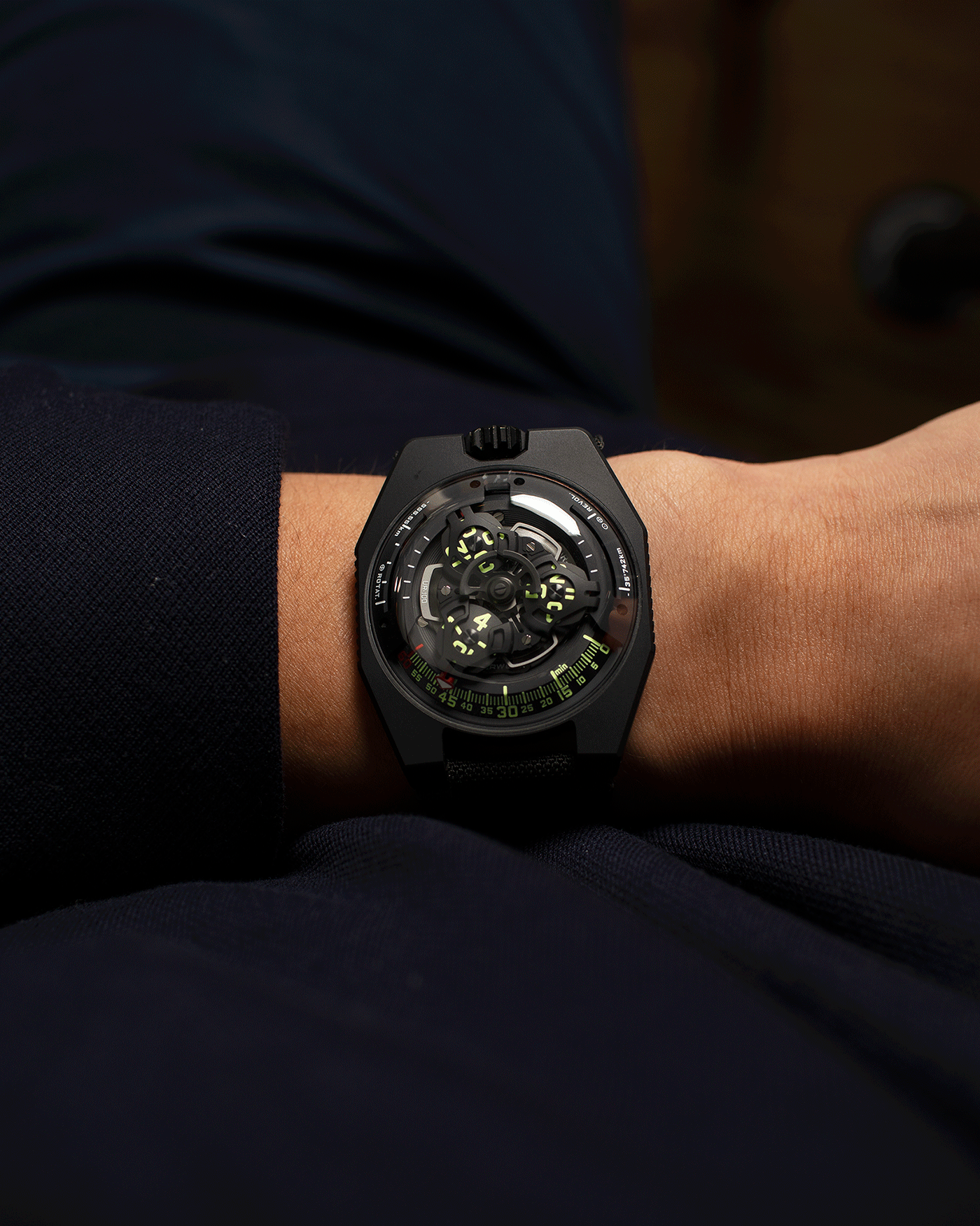 Brand: Urwerk Year: 2019 Model: UR100 Spacetime Material: Steel and Titanium, PVD Coated Movement: Urwerk Cal. 12.01 Case Diameter: 41mm Bracelet/Strap: Urwerk Black Textile Strap
