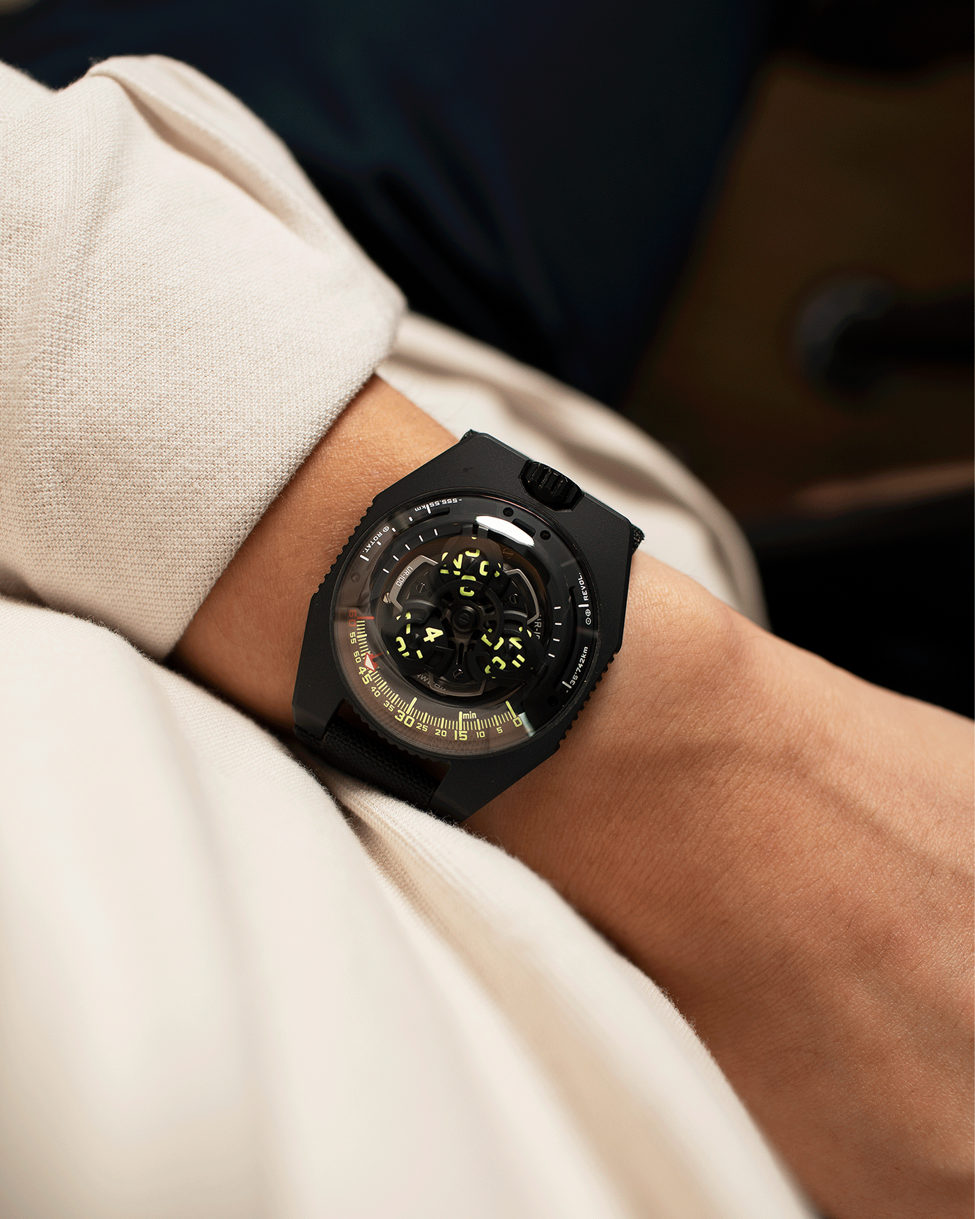 Brand: Urwerk Year: 2019 Model: UR100 Spacetime Material: Steel and Titanium, PVD Coated Movement: Urwerk Cal. 12.01 Case Diameter: 41mm Bracelet/Strap: Urwerk Black Textile Strap