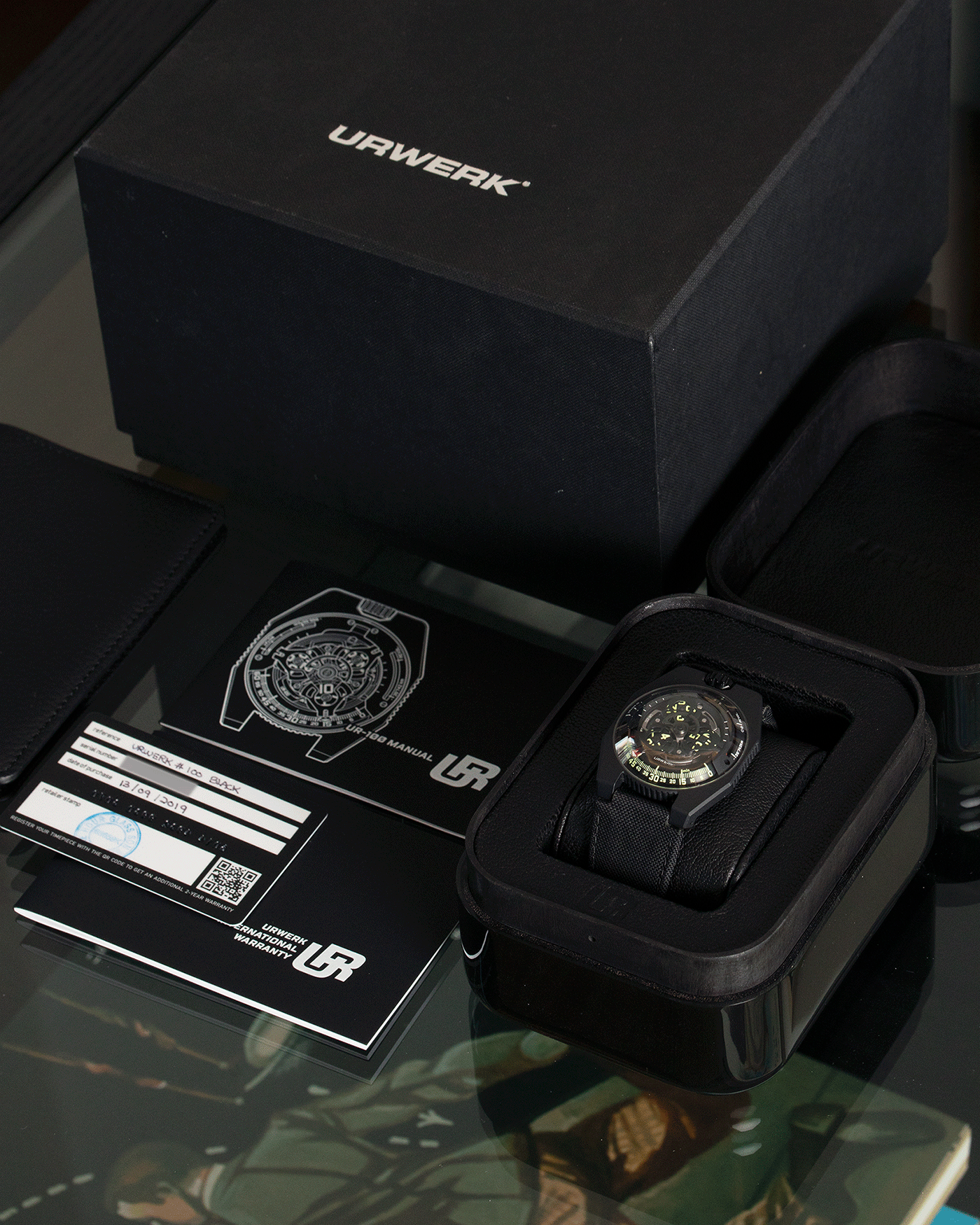 Brand: Urwerk Year: 2019 Model: UR100 Spacetime Material: Steel and Titanium, PVD Coated Movement: Urwerk Cal. 12.01 Case Diameter: 41mm Bracelet/Strap: Urwerk Black Textile Strap