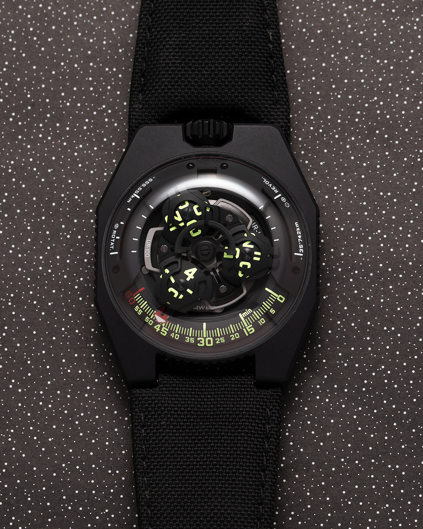 Brand: Urwerk Year: 2019 Model: UR100 Spacetime Material: Steel and Titanium, PVD Coated Movement: Urwerk Cal. 12.01 Case Diameter: 41mm Bracelet/Strap: Urwerk Black Textile Strap