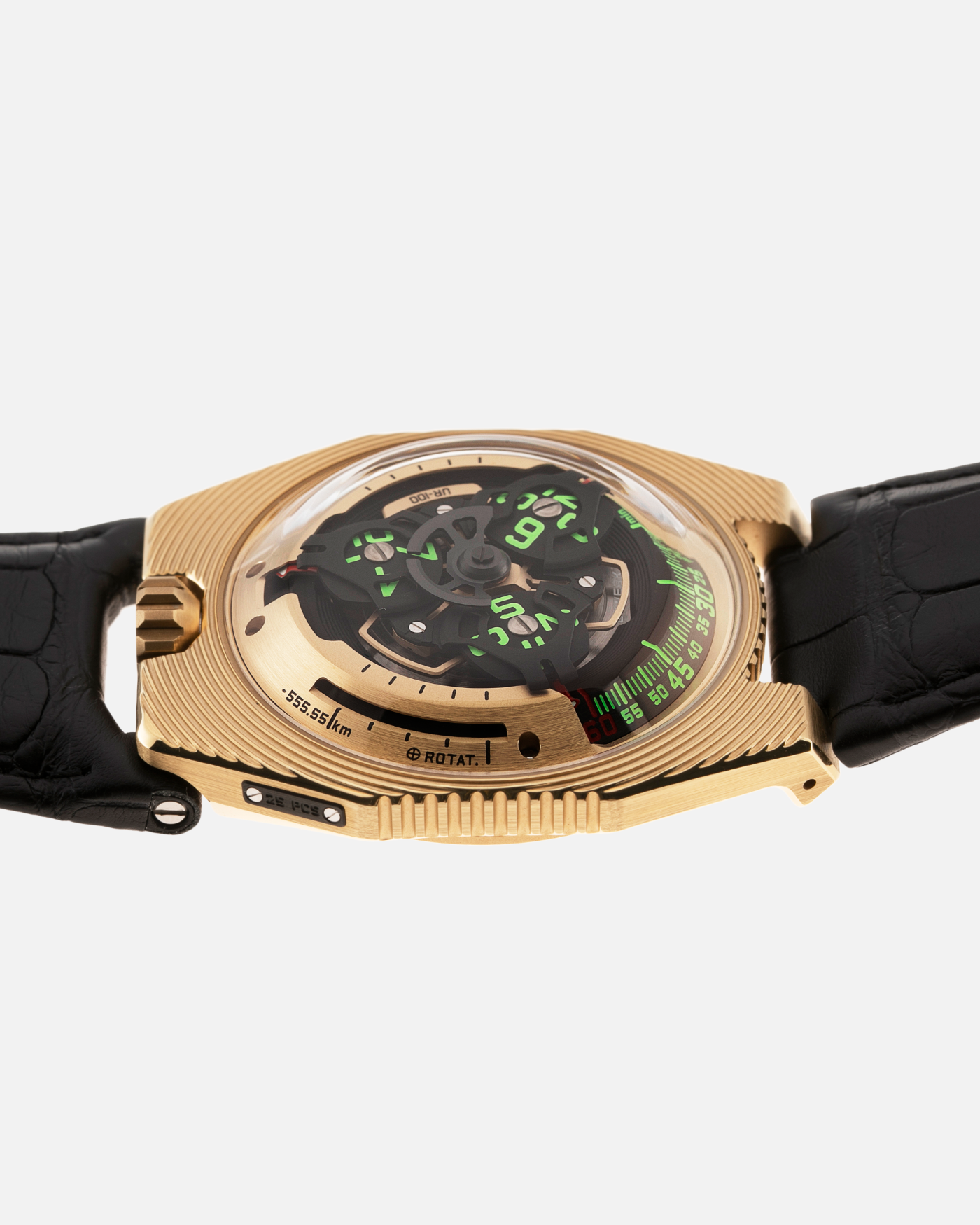 Brand: Urwerk Year: 2021 Model: UR100 Electrum Material: Electrum (Alloy of 20% Silver, Yellow Gold, Copper and Iron) Movement: Urwerk Cal. 12.01 Case Diameter: 41mm Bracelet/Strap: Urwerk Black Alligator Strap