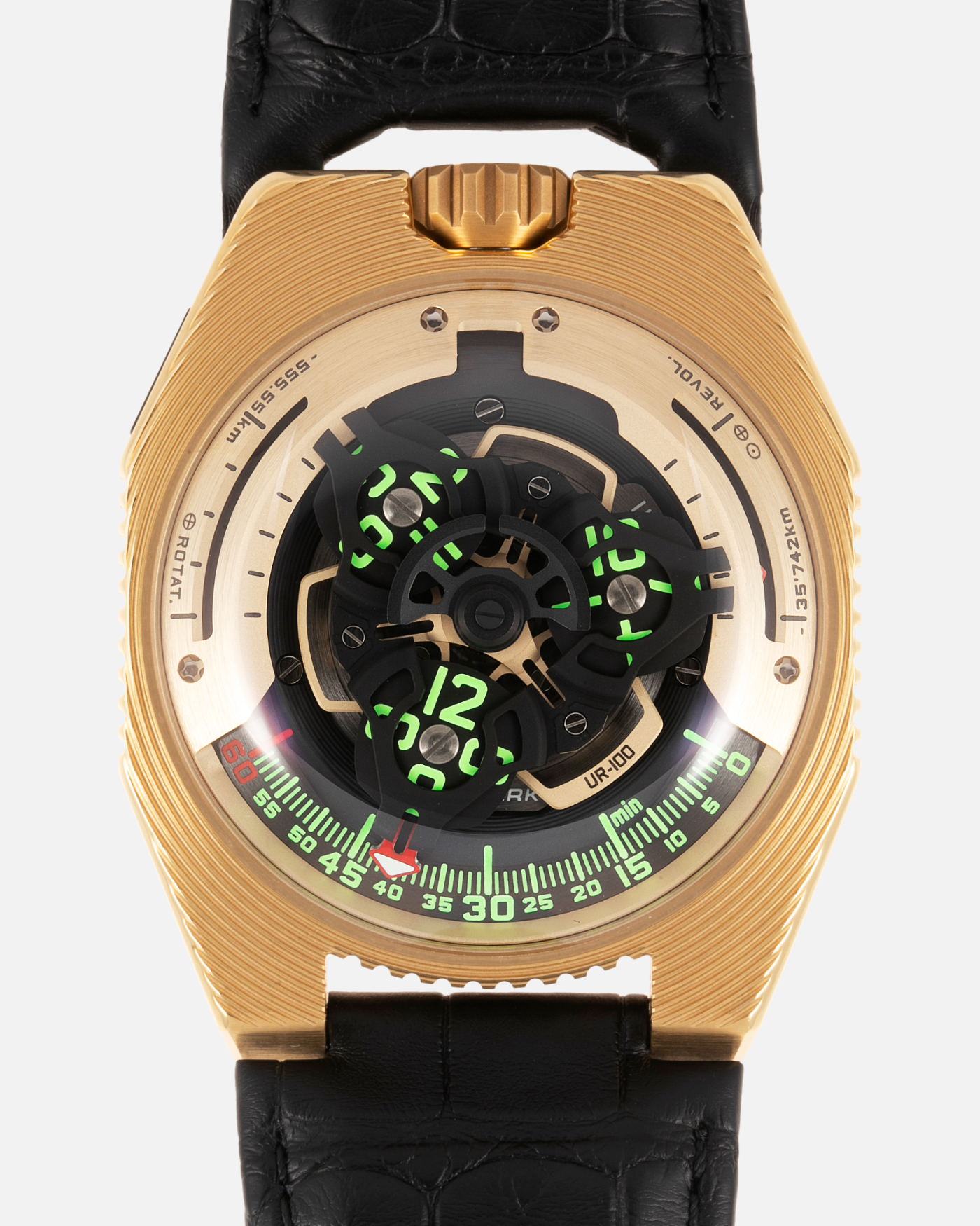 Brand: Urwerk Year: 2021 Model: UR100 Electrum Material: Electrum (Alloy of 20% Silver, Yellow Gold, Copper and Iron) Movement: Urwerk Cal. 12.01 Case Diameter: 41mm Bracelet/Strap: Urwerk Black Alligator StrapBrand: Urwerk Year: 2021 Model: UR100 Electrum Material: Electrum (Alloy of 20% Silver, Yellow Gold, Copper and Iron) Movement: Urwerk Cal. 12.01 Case Diameter: 41mm Bracelet/Strap: Urwerk Black Alligator Strap