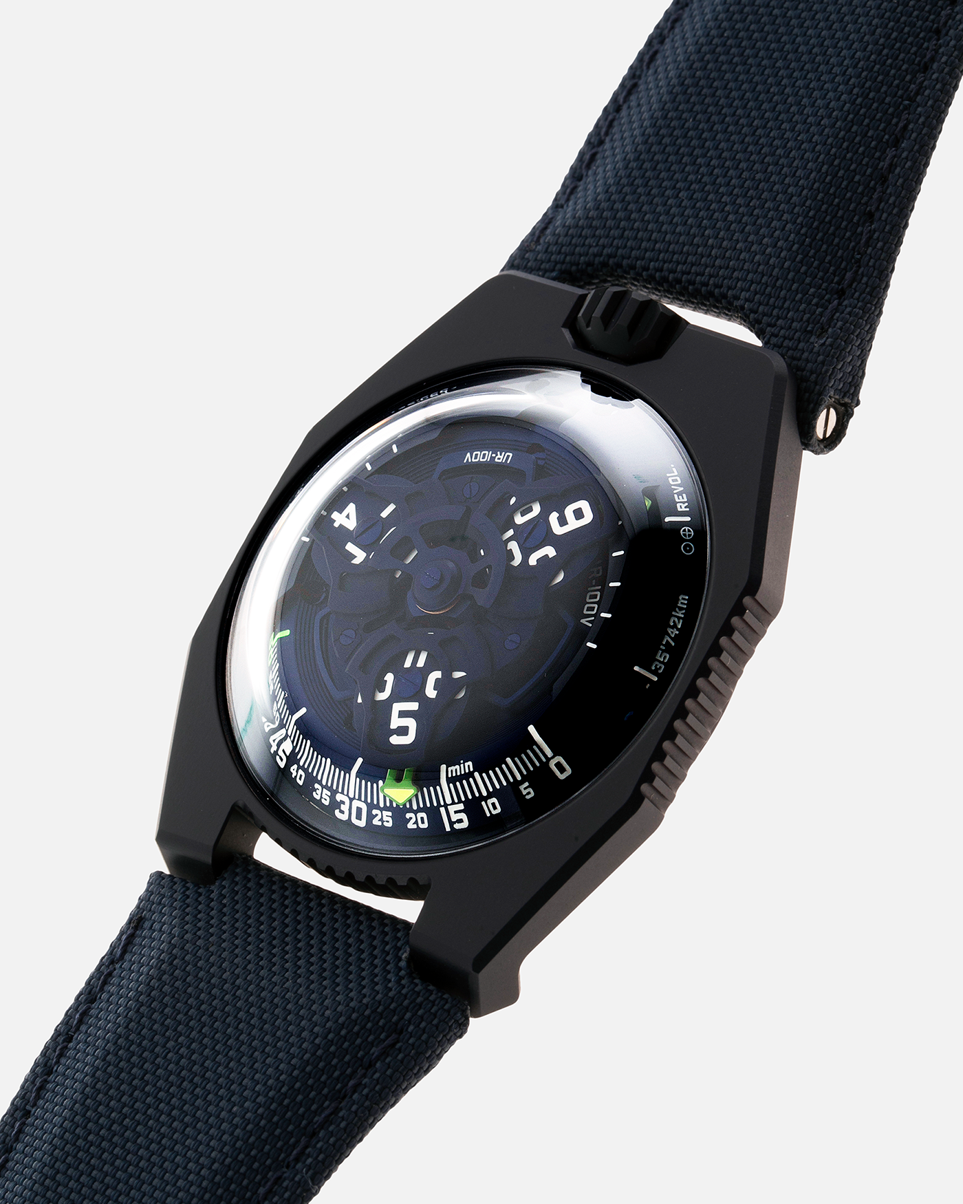 Brand: Urwerk Year: 2021 Model: UR100 Planet Blue Material: PVD Coated Titanium Movement: Urwerk Cal. 12.01 Case Diameter: 41mm Bracelet/Strap: Urwerk Army Blue Textile Strap