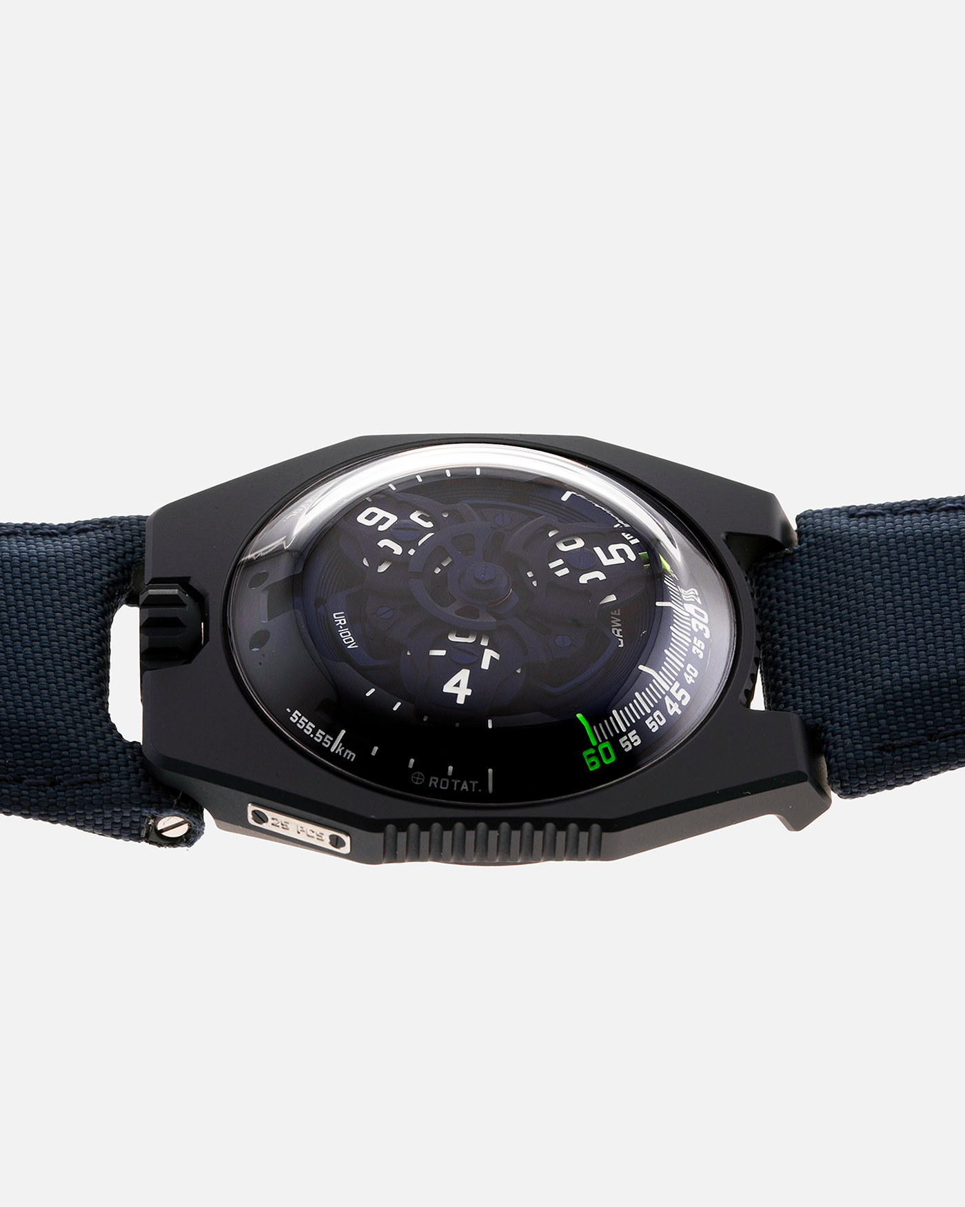 Brand: Urwerk Year: 2021 Model: UR100 Planet Blue Material: PVD Coated Titanium Movement: Urwerk Cal. 12.01 Case Diameter: 41mm Bracelet/Strap: Urwerk Army Blue Textile Strap
