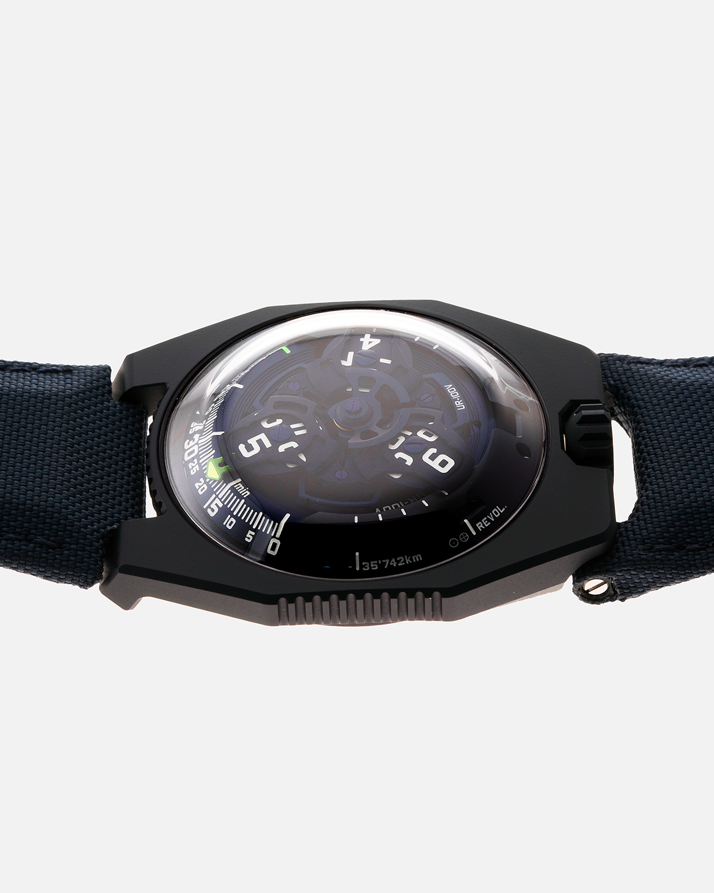 Brand: Urwerk Year: 2021 Model: UR100 Planet Blue Material: PVD Coated Titanium Movement: Urwerk Cal. 12.01 Case Diameter: 41mm Bracelet/Strap: Urwerk Army Blue Textile Strap