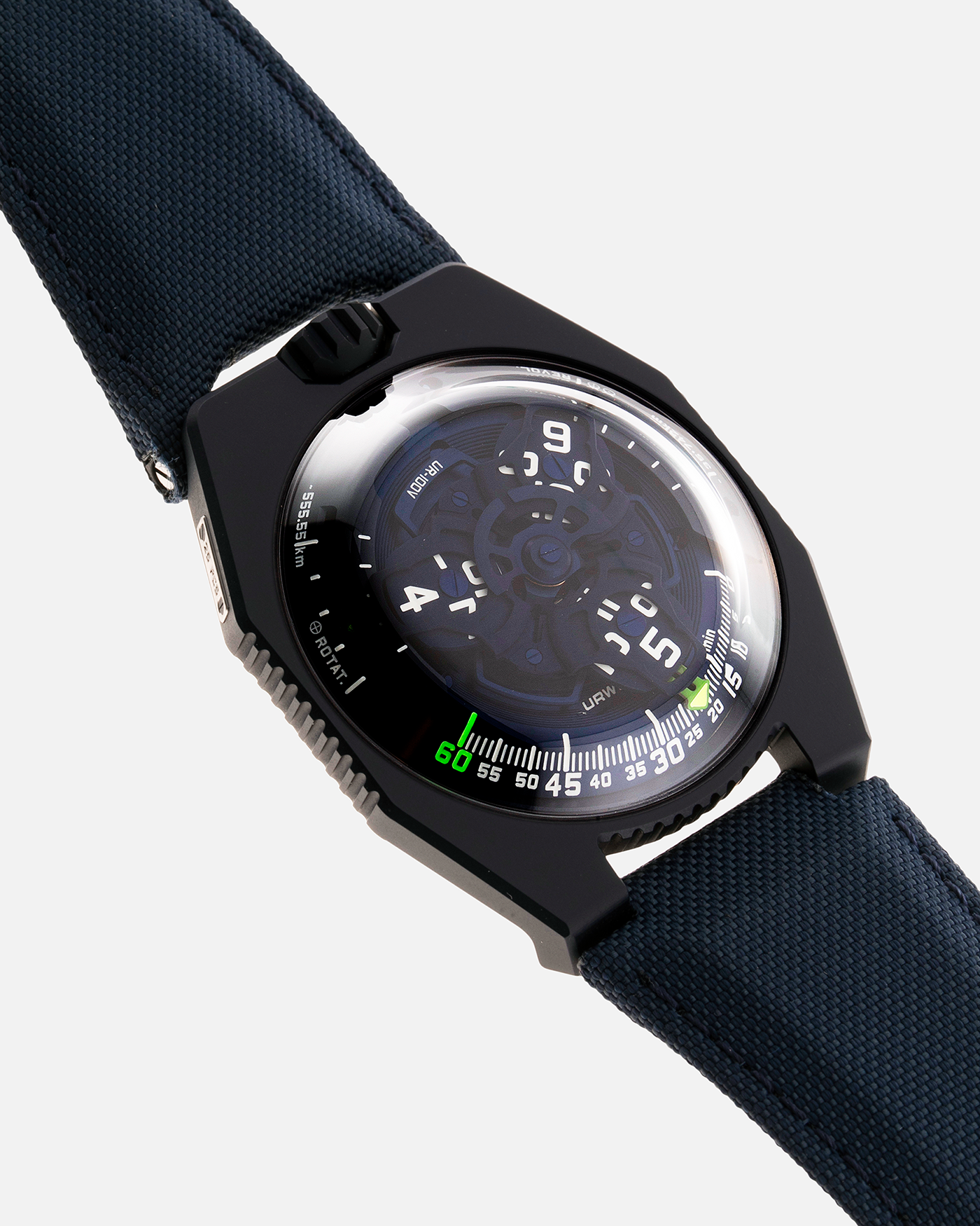 Brand: Urwerk Year: 2021 Model: UR100 Planet Blue Material: PVD Coated Titanium Movement: Urwerk Cal. 12.01 Case Diameter: 41mm Bracelet/Strap: Urwerk Army Blue Textile Strap