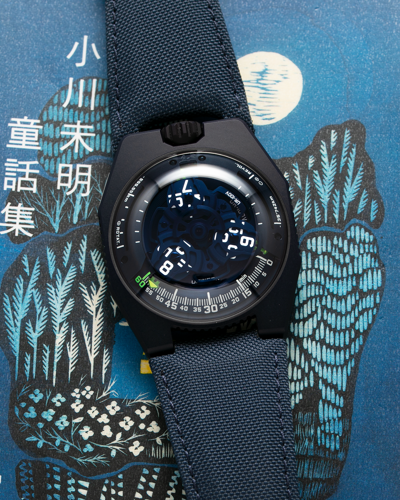 Brand: Urwerk Year: 2021 Model: UR100 Planet Blue Material: PVD Coated Titanium Movement: Urwerk Cal. 12.01 Case Diameter: 41mm Bracelet/Strap: Urwerk Army Blue Textile Strap