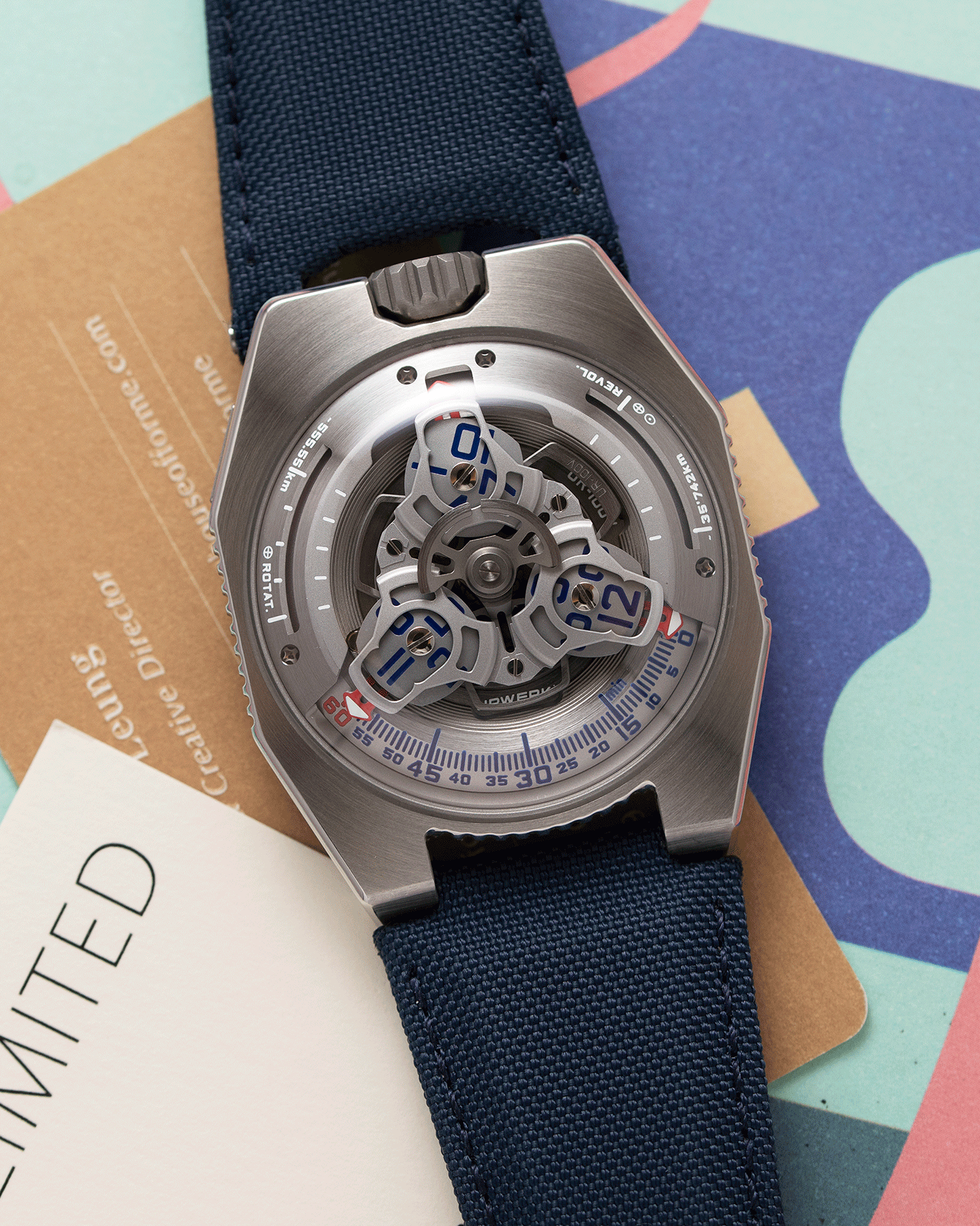 Brand: Urwerk Year: 2020 Model: UR100 Spacetime Material: Stainless Steel Movement: Urwerk Cal. 12.01 Case Diameter: 41mm Bracelet/Strap: Urwerk Blue Textile Strap