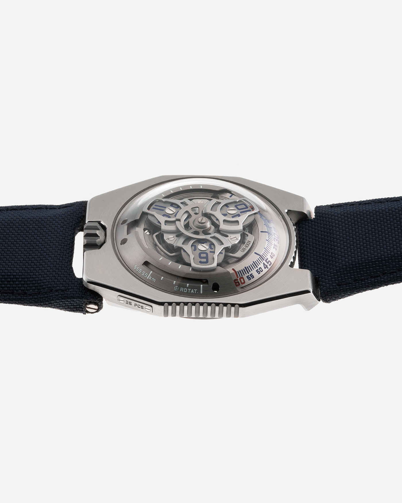 Brand: Urwerk Year: 2020 Model: UR100 Spacetime Material: Stainless Steel Movement: Urwerk Cal. 12.01 Case Diameter: 41mm Bracelet/Strap: Urwerk Blue Textile Strap