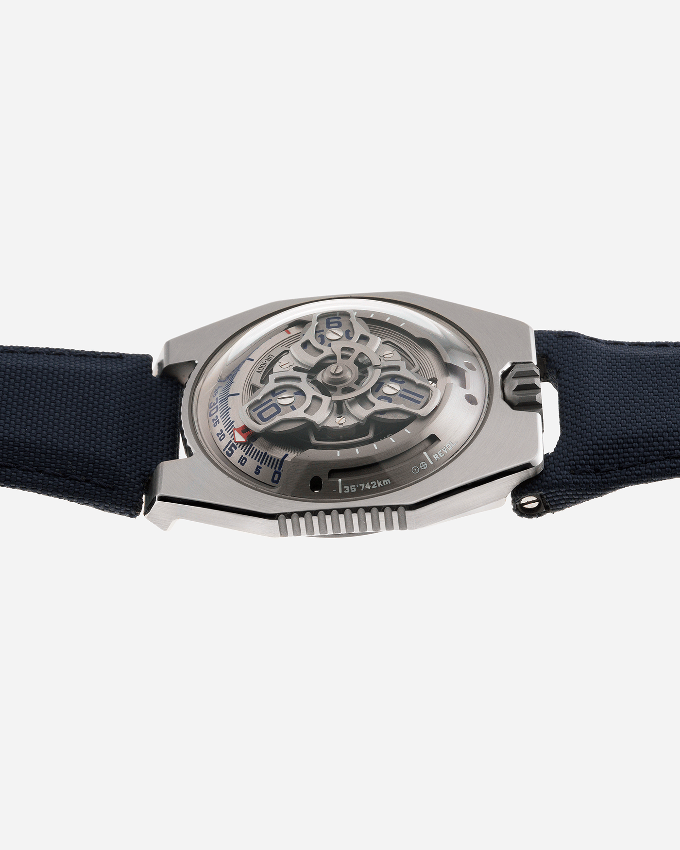 Brand: Urwerk Year: 2020 Model: UR100 Spacetime Material: Stainless Steel Movement: Urwerk Cal. 12.01 Case Diameter: 41mm Bracelet/Strap: Urwerk Blue Textile Strap