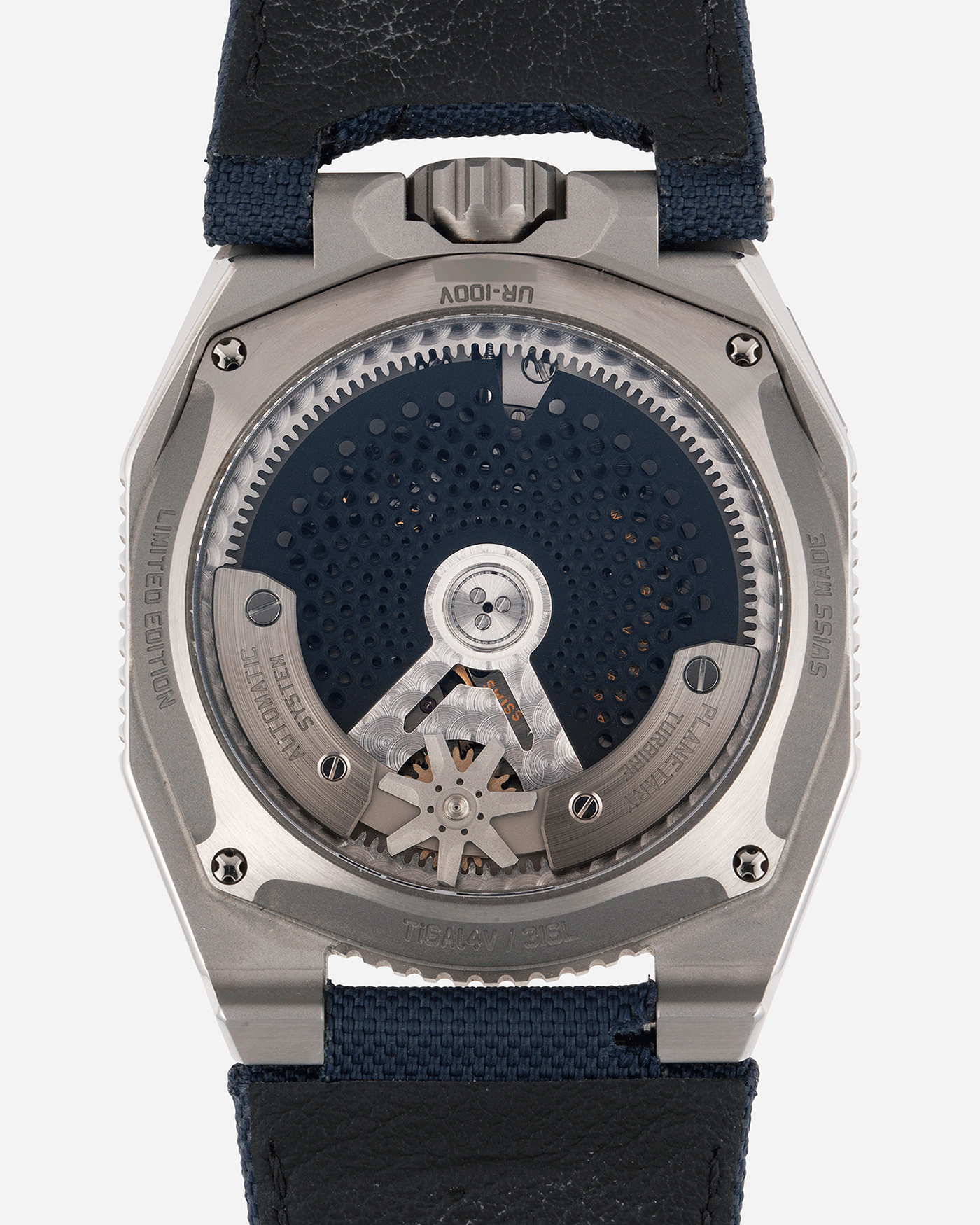 Brand: Urwerk Year: 2020 Model: UR100 Spacetime Material: Stainless Steel Movement: Urwerk Cal. 12.01 Case Diameter: 41mm Bracelet/Strap: Urwerk Blue Textile Strap