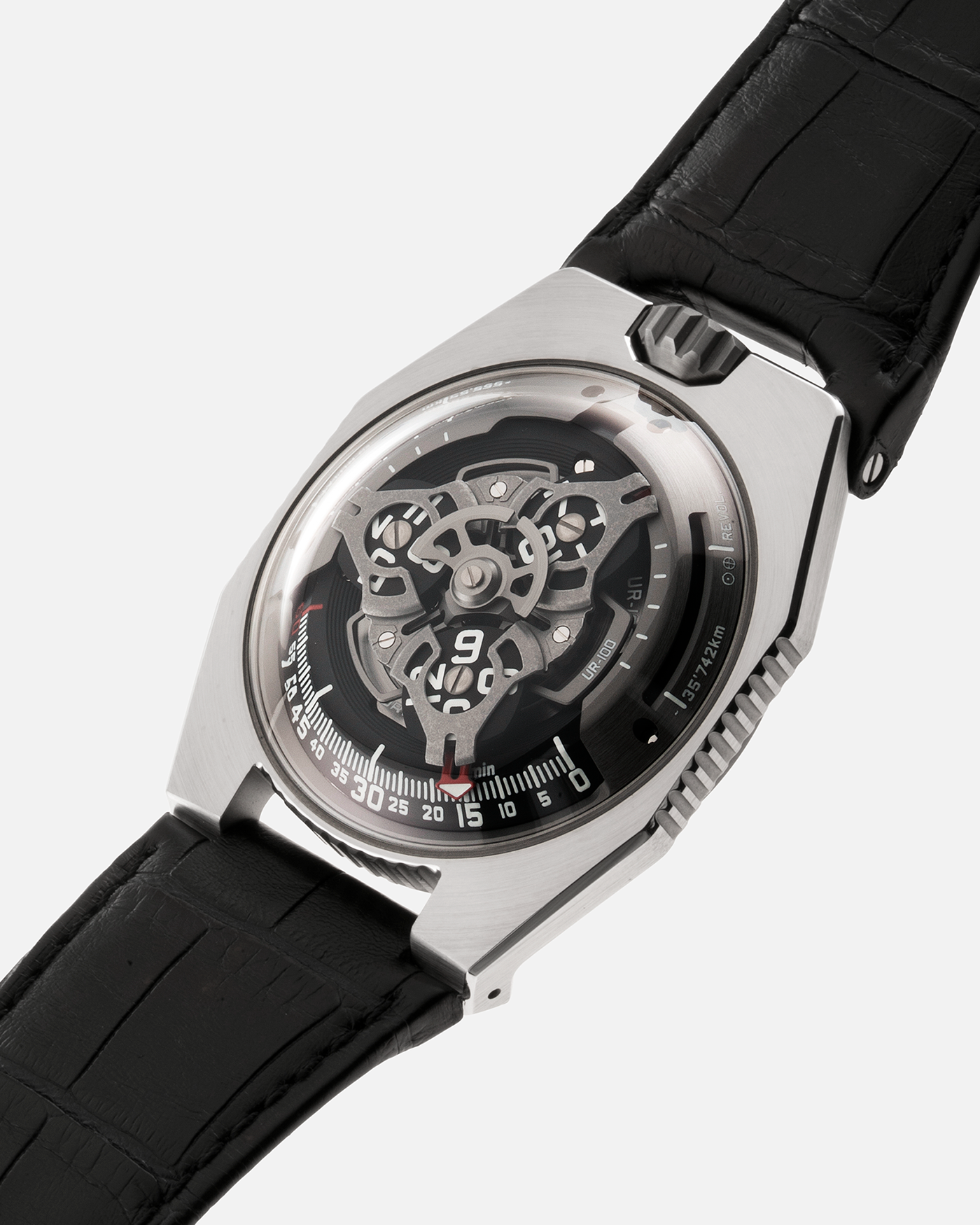 Brand: Urwerk Year: 2020 Model: UR100 Spacetime Material: Stainless Steel Movement: Urwerk Cal. 12.01 Case Diameter: 41mm Bracelet/Strap: Urwerk Black Alligator Strap