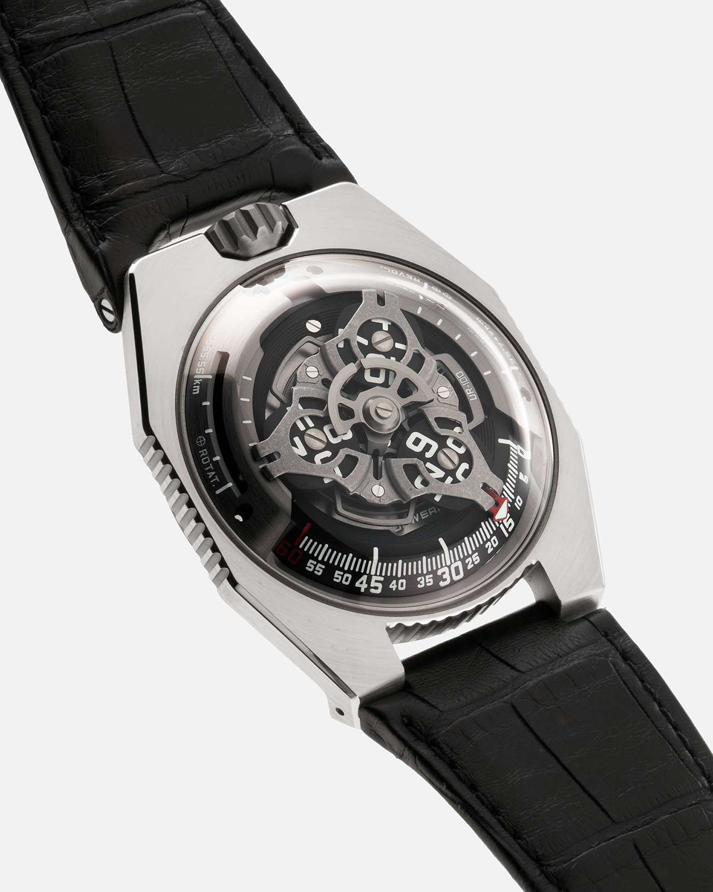 Brand: Urwerk Year: 2020 Model: UR100 Spacetime Material: Stainless Steel Movement: Urwerk Cal. 12.01 Case Diameter: 41mm Bracelet/Strap: Urwerk Black Alligator Strap