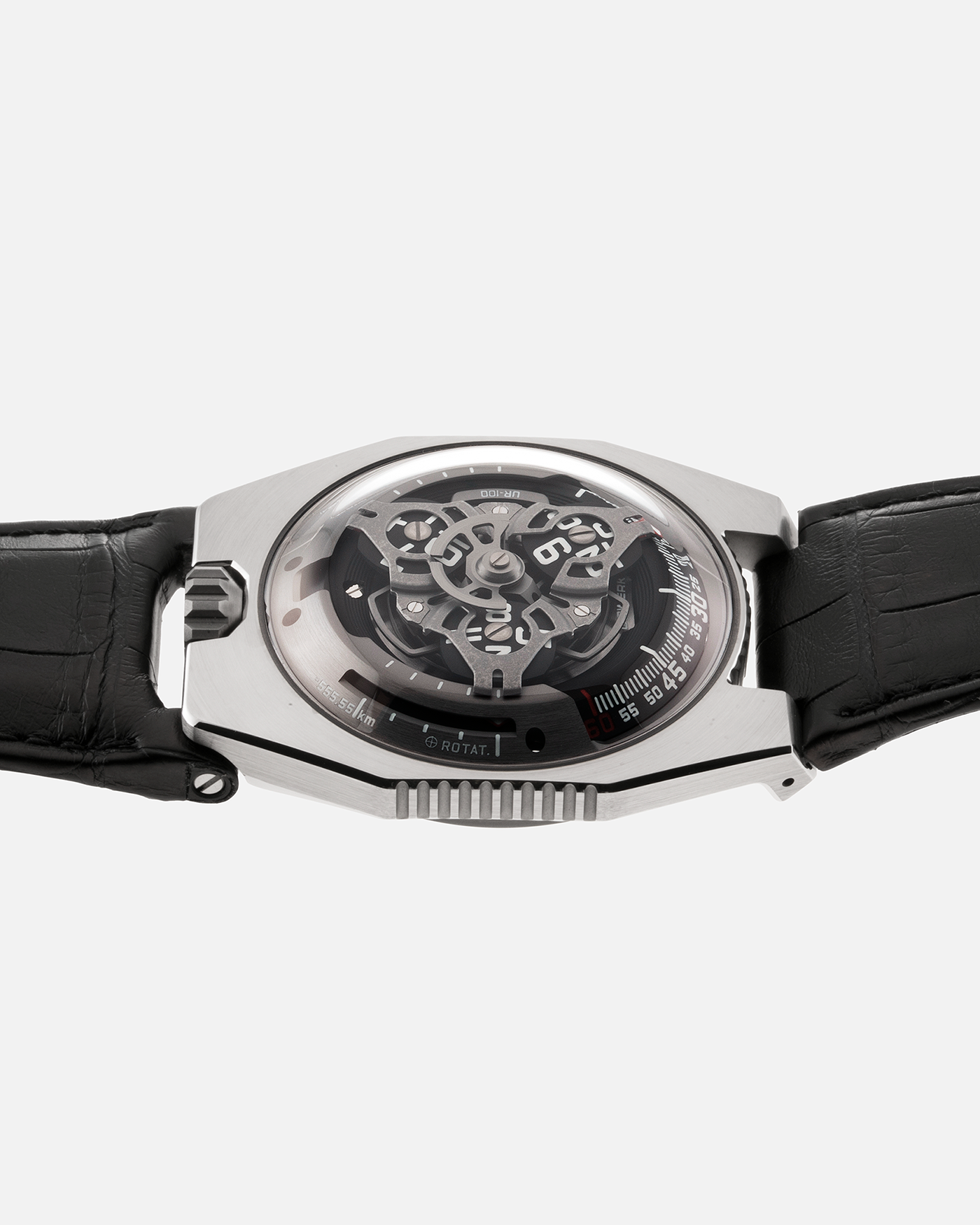 Brand: Urwerk Year: 2020 Model: UR100 Spacetime Material: Stainless Steel Movement: Urwerk Cal. 12.01 Case Diameter: 41mm Bracelet/Strap: Urwerk Black Alligator Strap