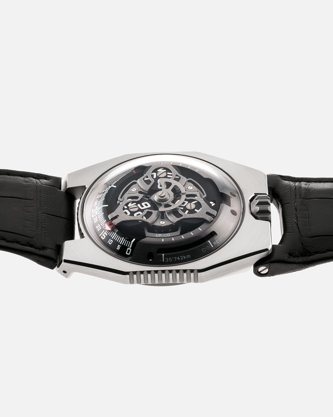 Brand: Urwerk Year: 2020 Model: UR100 Spacetime Material: Stainless Steel Movement: Urwerk Cal. 12.01 Case Diameter: 41mm Bracelet/Strap: Urwerk Black Alligator Strap