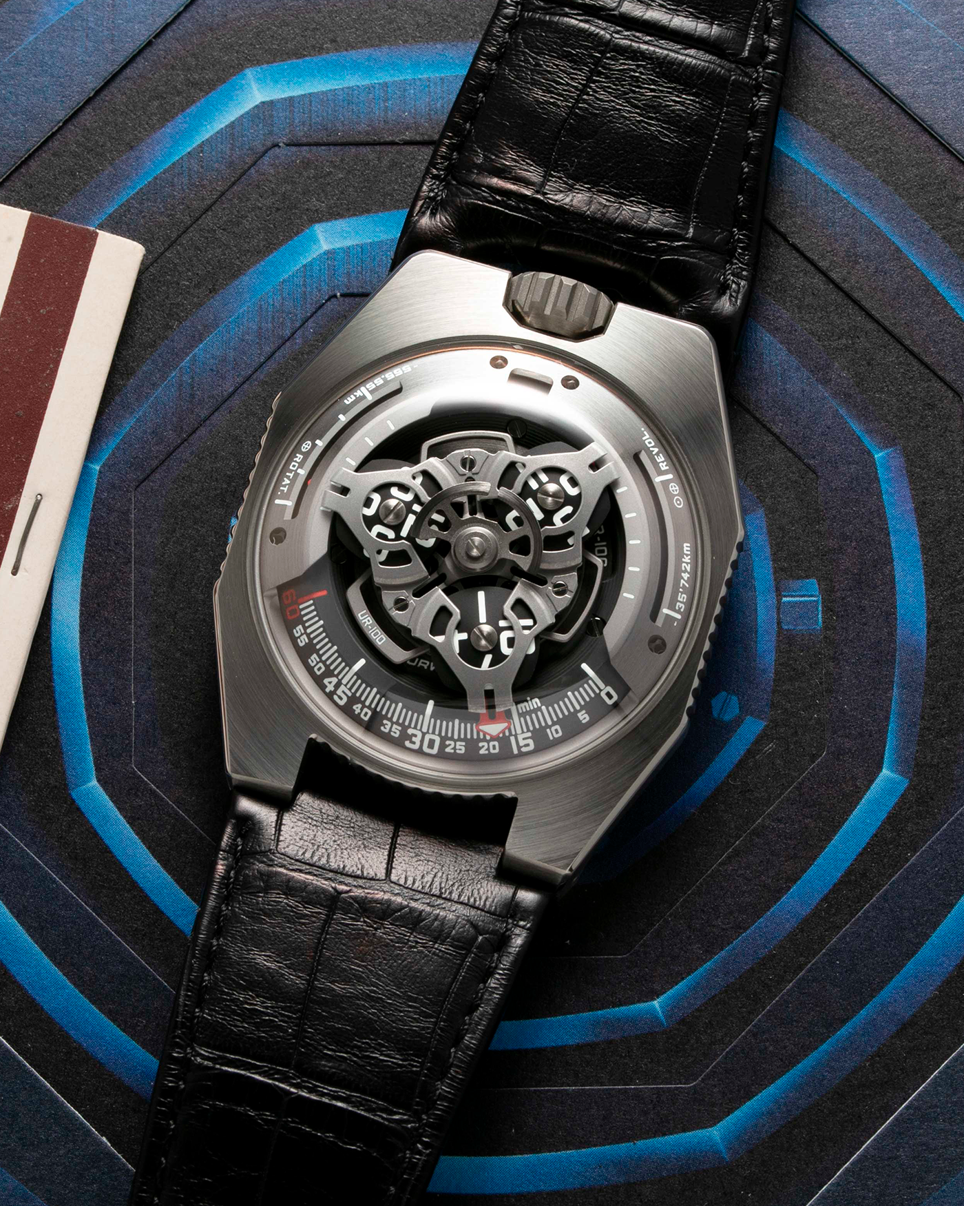 Brand: Urwerk Year: 2020 Model: UR100 Spacetime Material: Stainless Steel Movement: Urwerk Cal. 12.01 Case Diameter: 41mm Bracelet/Strap: Urwerk Black Alligator Strap
