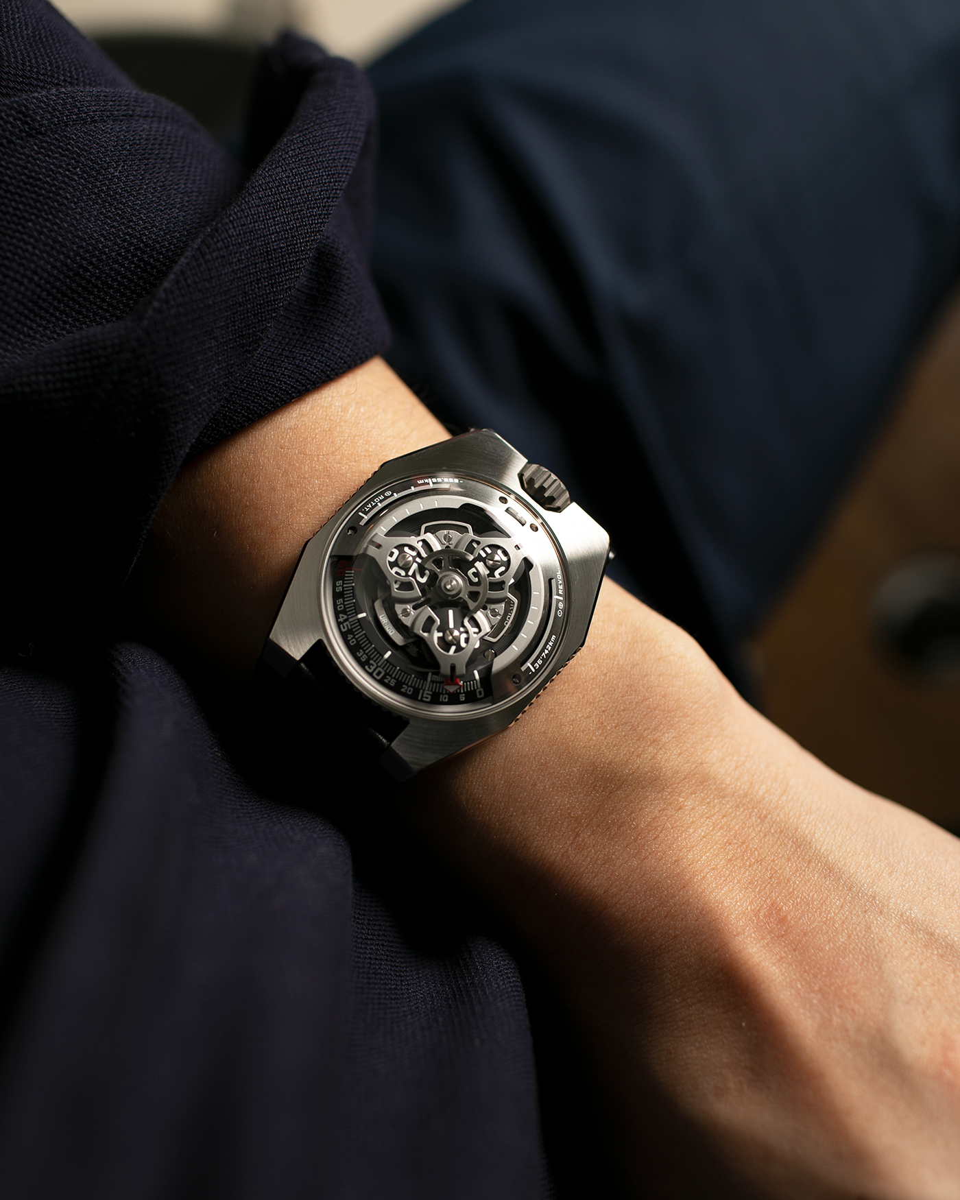 Brand: Urwerk Year: 2020 Model: UR100 Spacetime Material: Stainless Steel Movement: Urwerk Cal. 12.01 Case Diameter: 41mm Bracelet/Strap: Urwerk Black Alligator Strap