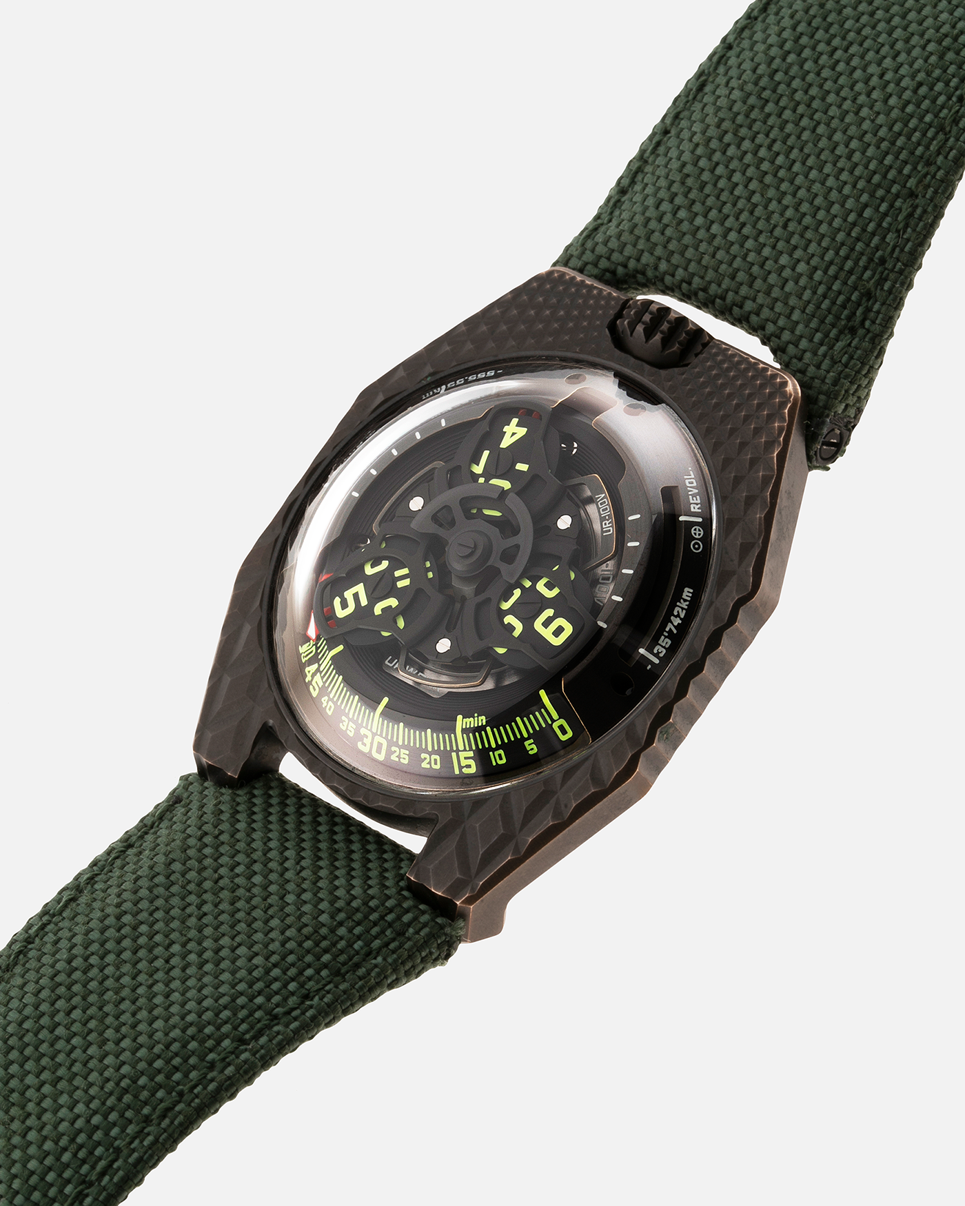 Brand: Urwerk Year: 2021 Model: UR100 T-Rex Material: Bronze Movement: Urwerk Cal. 12.01 Case Diameter: 41mm Bracelet/Strap: Urwerk Army Green Textile Strap