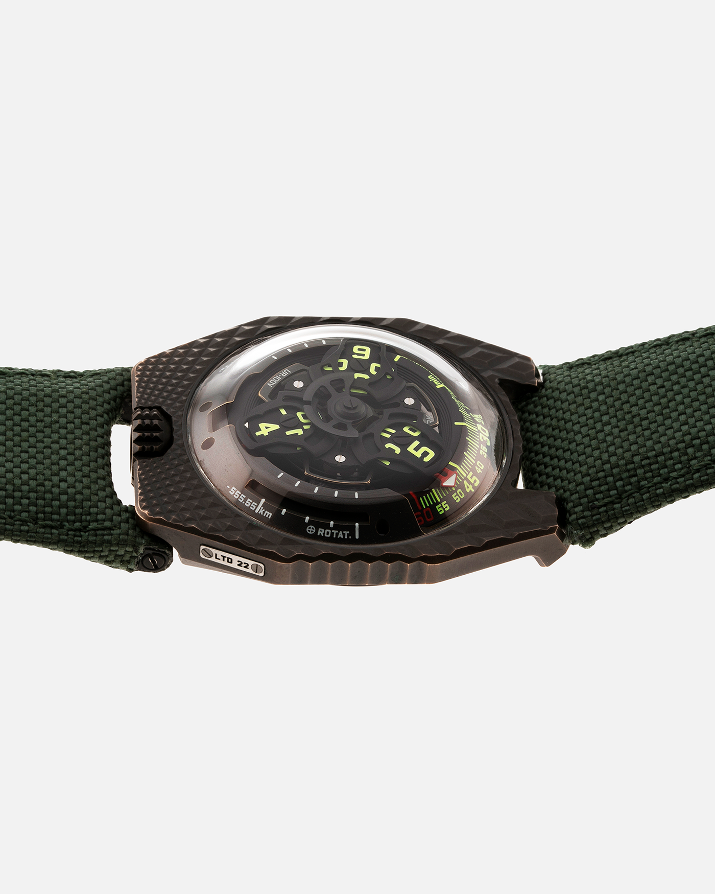 Brand: Urwerk Year: 2021 Model: UR100 T-Rex Material: Bronze Movement: Urwerk Cal. 12.01 Case Diameter: 41mm Bracelet/Strap: Urwerk Army Green Textile Strap