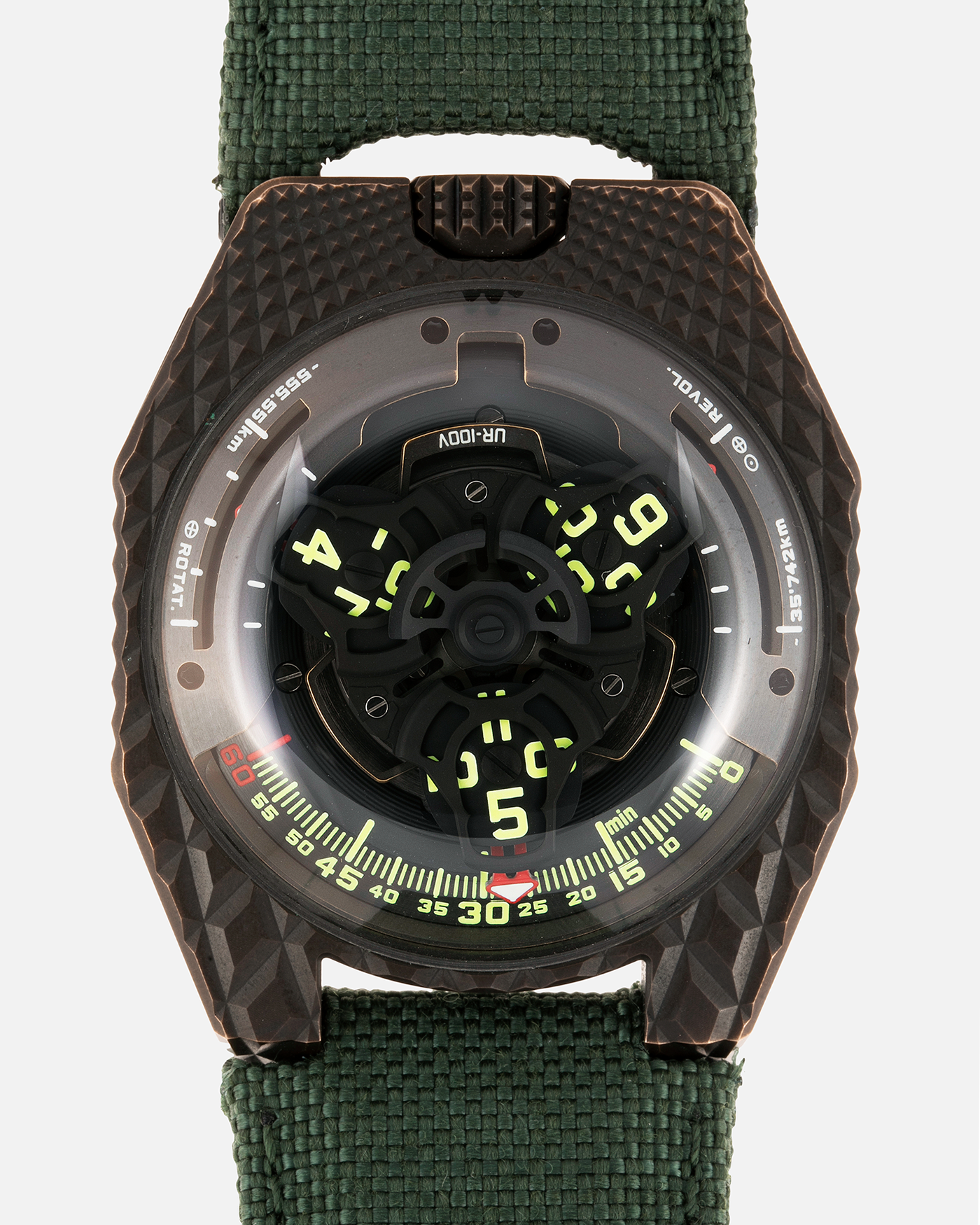 Brand: Urwerk Year: 2021 Model: UR100 T-Rex Material: Bronze Movement: Urwerk Cal. 12.01 Case Diameter: 41mm Bracelet/Strap: Urwerk Army Green Textile Strap