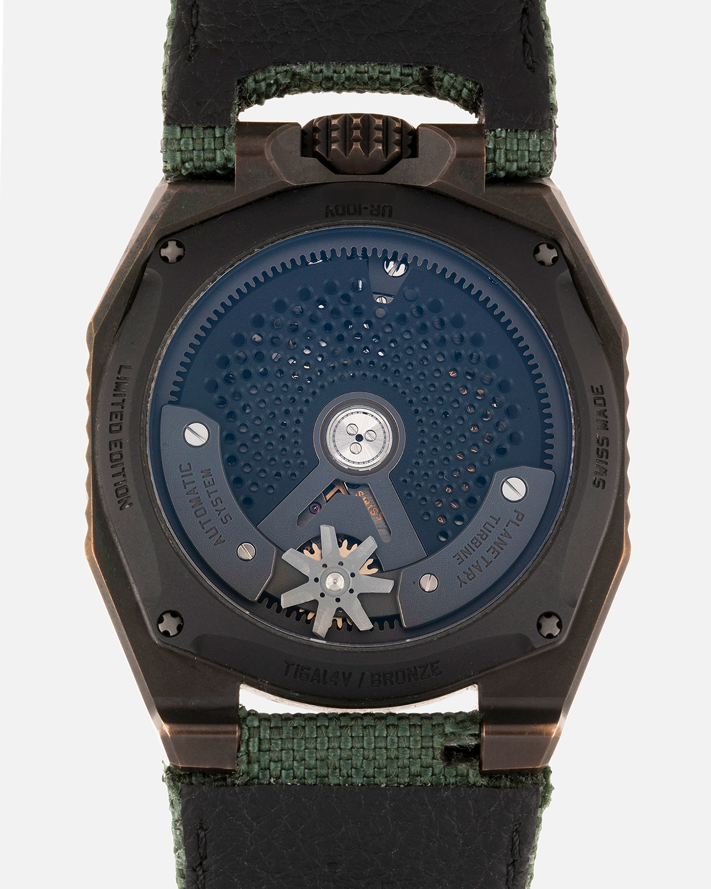 Brand: Urwerk Year: 2021 Model: UR100 T-Rex Material: Bronze Movement: Urwerk Cal. 12.01 Case Diameter: 41mm Bracelet/Strap: Urwerk Army Green Textile Strap