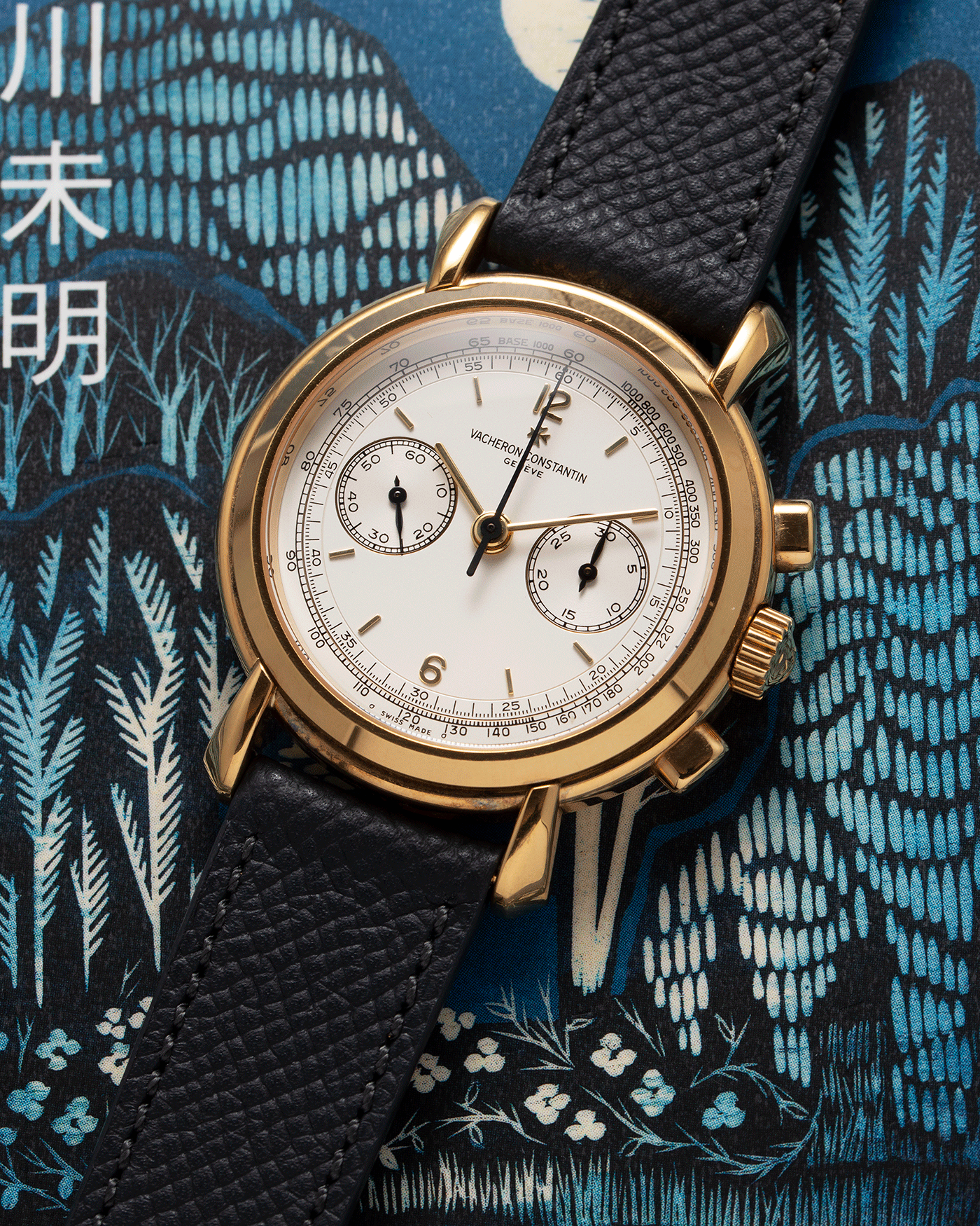 Brand: Vacheron Constantin Year: 1990’s Model: Les Historiques Chronograph Reference Number: 47101 Material: 18k Yellow Gold Movement: Lemania 2320 Based Cal. 1141 Case Diameter: 37mm Bracelet: Molequin Anthracite Textured Calf with 18k Yellow Gold Tang Buckle