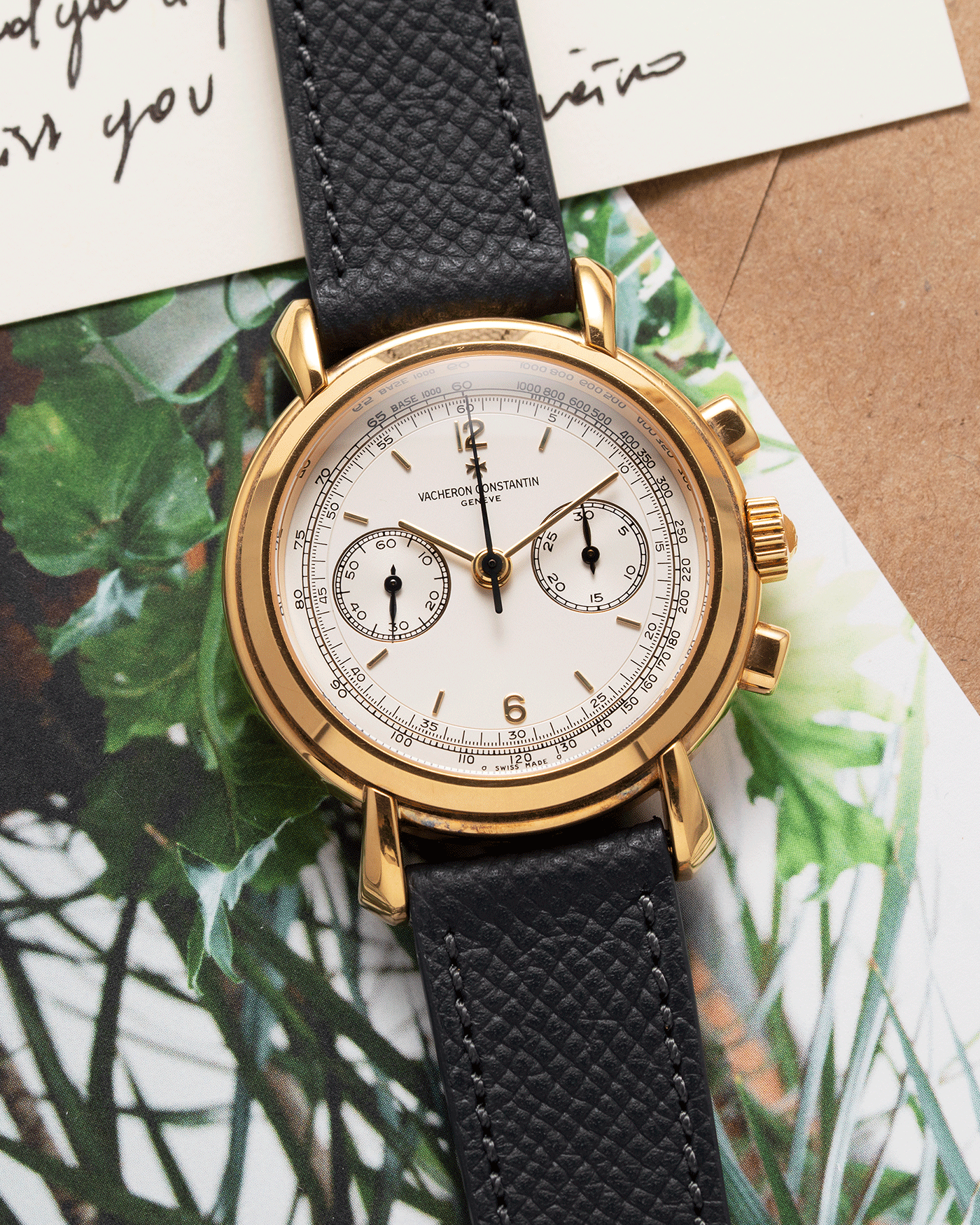 Brand: Vacheron Constantin Year: 1990’s Model: Les Historiques Chronograph Reference Number: 47101 Material: 18k Yellow Gold Movement: Lemania 2320 Based Cal. 1141 Case Diameter: 37mm Bracelet: Molequin Anthracite Textured Calf with 18k Yellow Gold Tang Buckle
