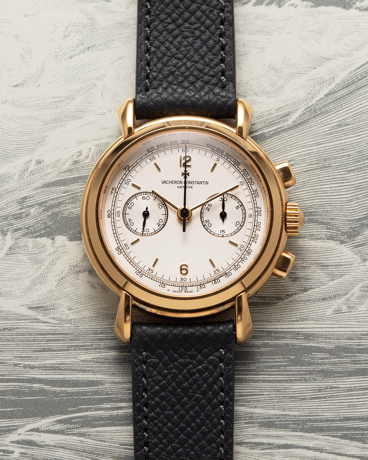 Brand: Vacheron Constantin Year: 1990’s Model: Les Historiques Chronograph Reference Number: 47101 Material: 18k Yellow Gold Movement: Lemania 2320 Based Cal. 1141 Case Diameter: 37mm Bracelet: Molequin Anthracite Textured Calf with 18k Yellow Gold Tang Buckle