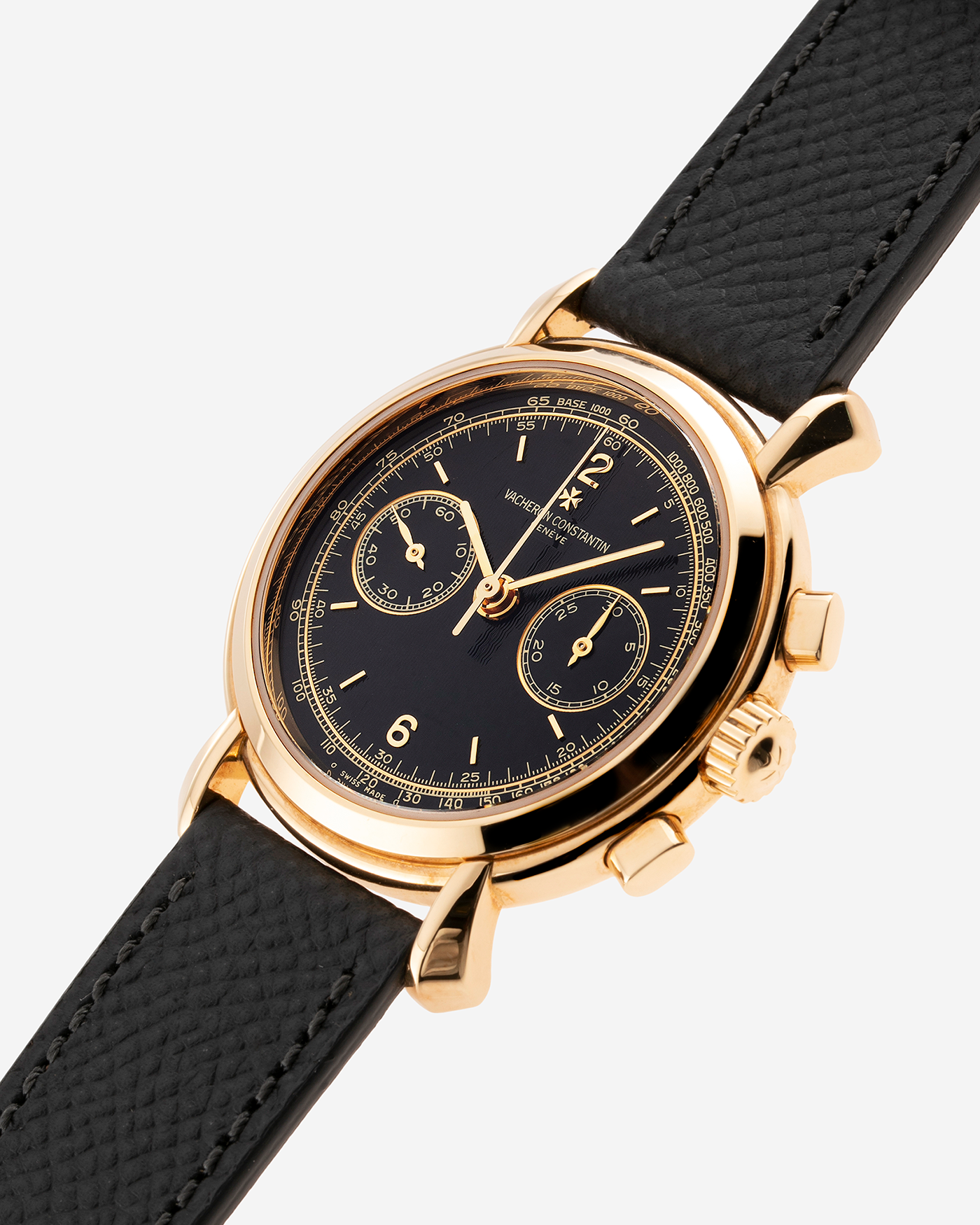 Brand: Vacheron Constantin Year: 1990’s Model: Les Historiques Chronograph  Reference Number: 47101 Material: 18k Yellow Gold Movement: Lemania 2320 Based Cal. 1141 Case Diameter: 37mm Bracelet: Molequin Anthracite Grey Textured Calf with 18k Yellow Gold Tang Buckle
