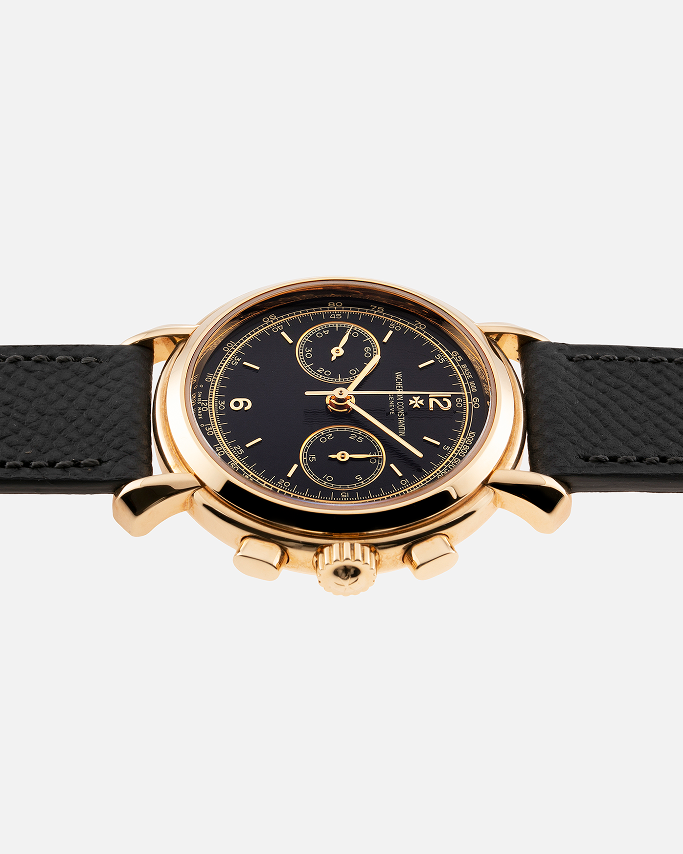 Brand: Vacheron Constantin Year: 1990’s Model: Les Historiques Chronograph  Reference Number: 47101 Material: 18k Yellow Gold Movement: Lemania 2320 Based Cal. 1141 Case Diameter: 37mm Bracelet: Molequin Anthracite Grey Textured Calf with 18k Yellow Gold Tang Buckle