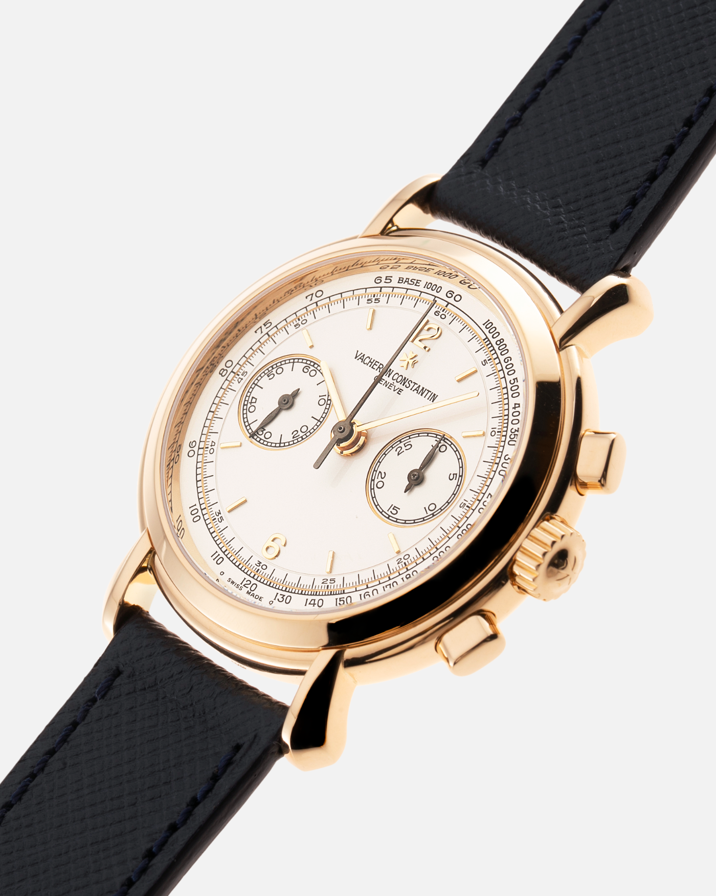 Brand: Vacheron Constantin Year: 1990’s Model: Les Historiques Chronograph  Reference Number: 47101 Material: 18k Yellow Gold Movement: Lemania 2320 Based Cal. 1141 Case Diameter: 37mm Bracelet: Molequin Navy Blue Textured Calf with 18k Yellow Gold Tang Buckle