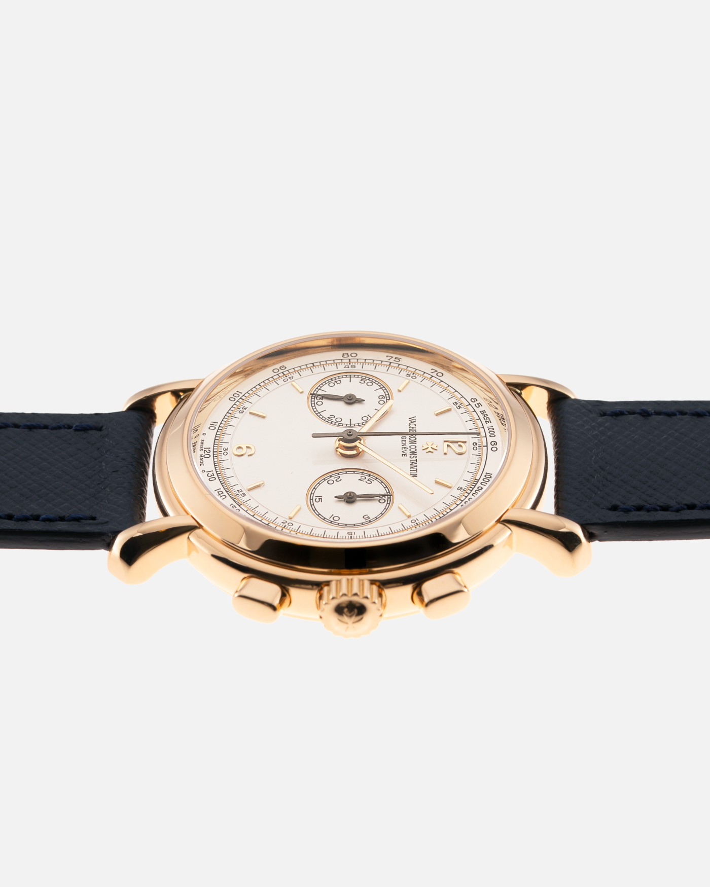 Brand: Vacheron Constantin Year: 1990’s Model: Les Historiques Chronograph  Reference Number: 47101 Material: 18k Yellow Gold Movement: Lemania 2320 Based Cal. 1141 Case Diameter: 37mm Bracelet: Molequin Navy Blue Textured Calf with 18k Yellow Gold Tang Buckle