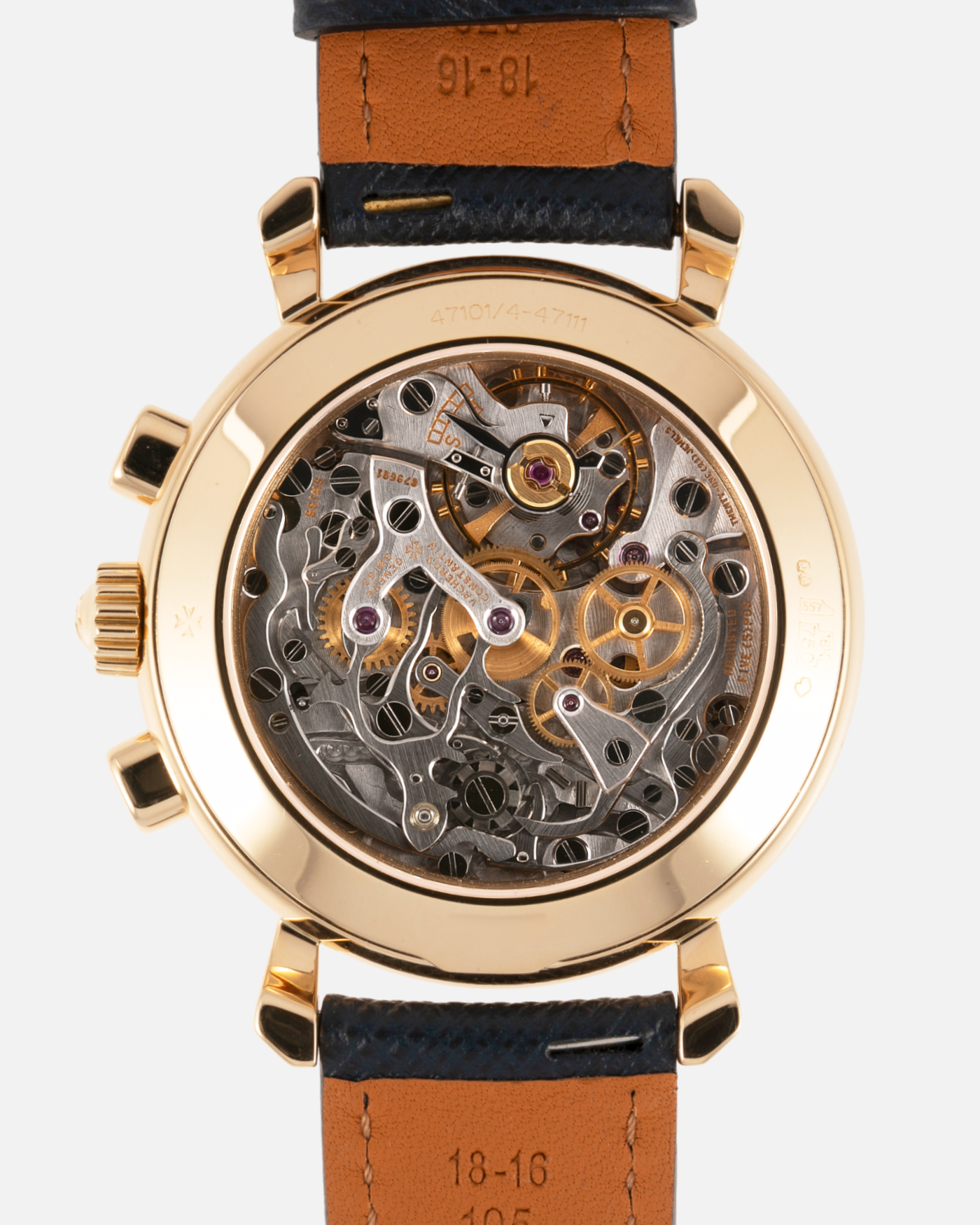 Brand: Vacheron Constantin Year: 1990’s Model: Les Historiques Chronograph  Reference Number: 47101 Material: 18k Yellow Gold Movement: Lemania 2320 Based Cal. 1141 Case Diameter: 37mm Bracelet: Molequin Navy Blue Textured Calf with 18k Yellow Gold Tang Buckle