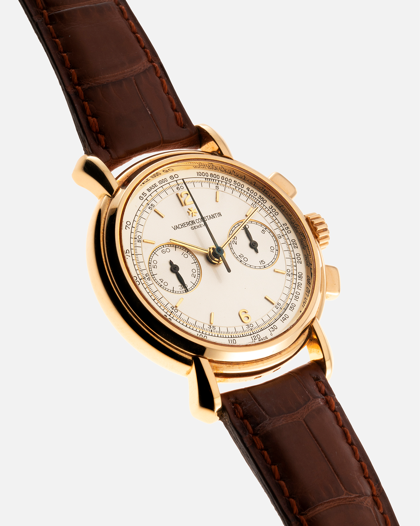 Brand: Vacheron Constantin Year: 2000’s Model: Les Historiques Chronograph Reference Number: 47101 Material: 18-carat Yellow Gold Movement: Lemania 2320 Based Cal. 1141 Case Diameter: 37mm Bracelet: Vacheron Constantin Alligator Brown Leather Strap with Signed 18-carat Yellow Gold Tang Buckle