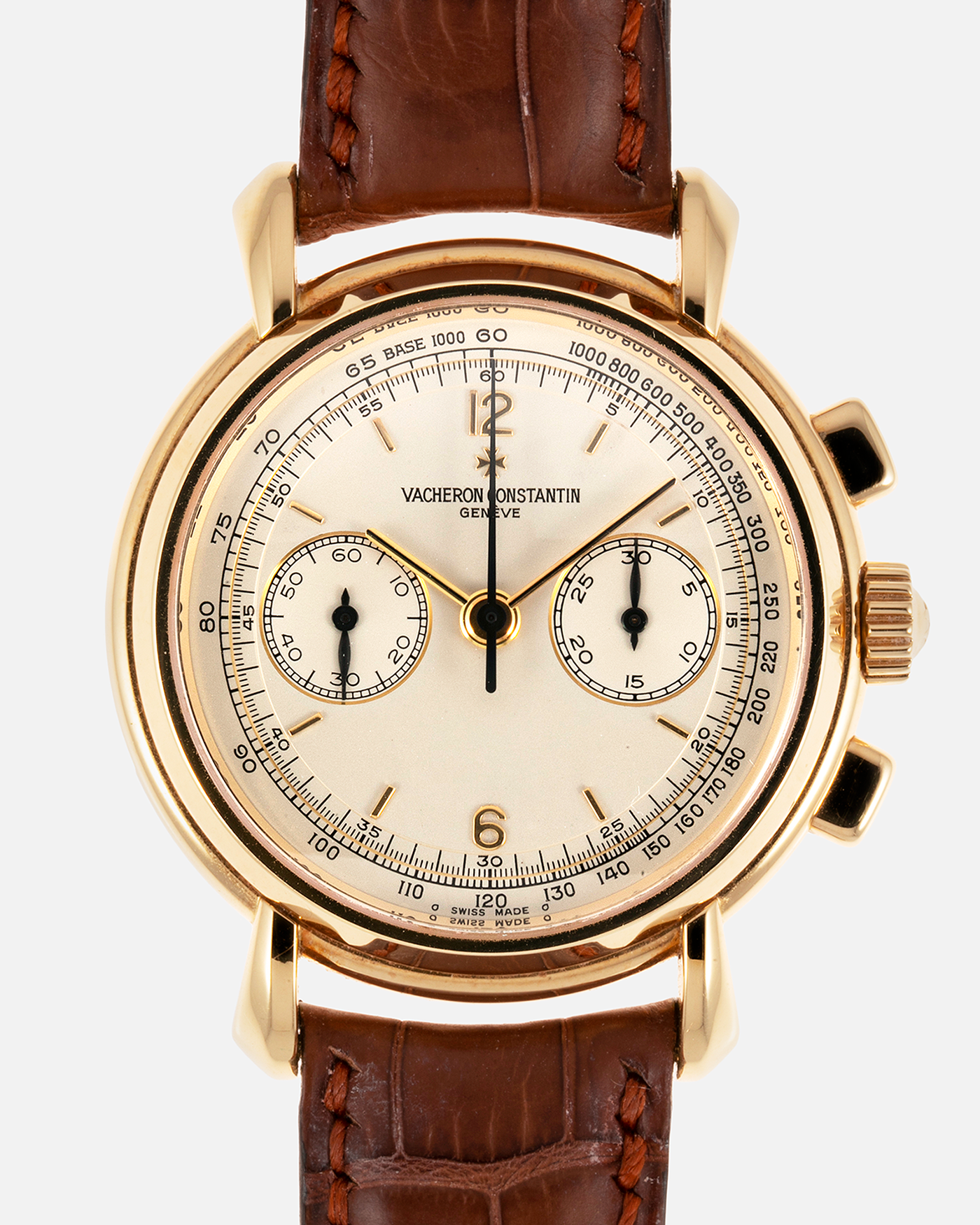 Brand: Vacheron Constantin Year: 2000’s Model: Les Historiques Chronograph Reference Number: 47101 Material: 18-carat Yellow Gold Movement: Lemania 2320 Based Cal. 1141 Case Diameter: 37mm Bracelet: Vacheron Constantin Alligator Brown Leather Strap with Signed 18-carat Yellow Gold Tang Buckle